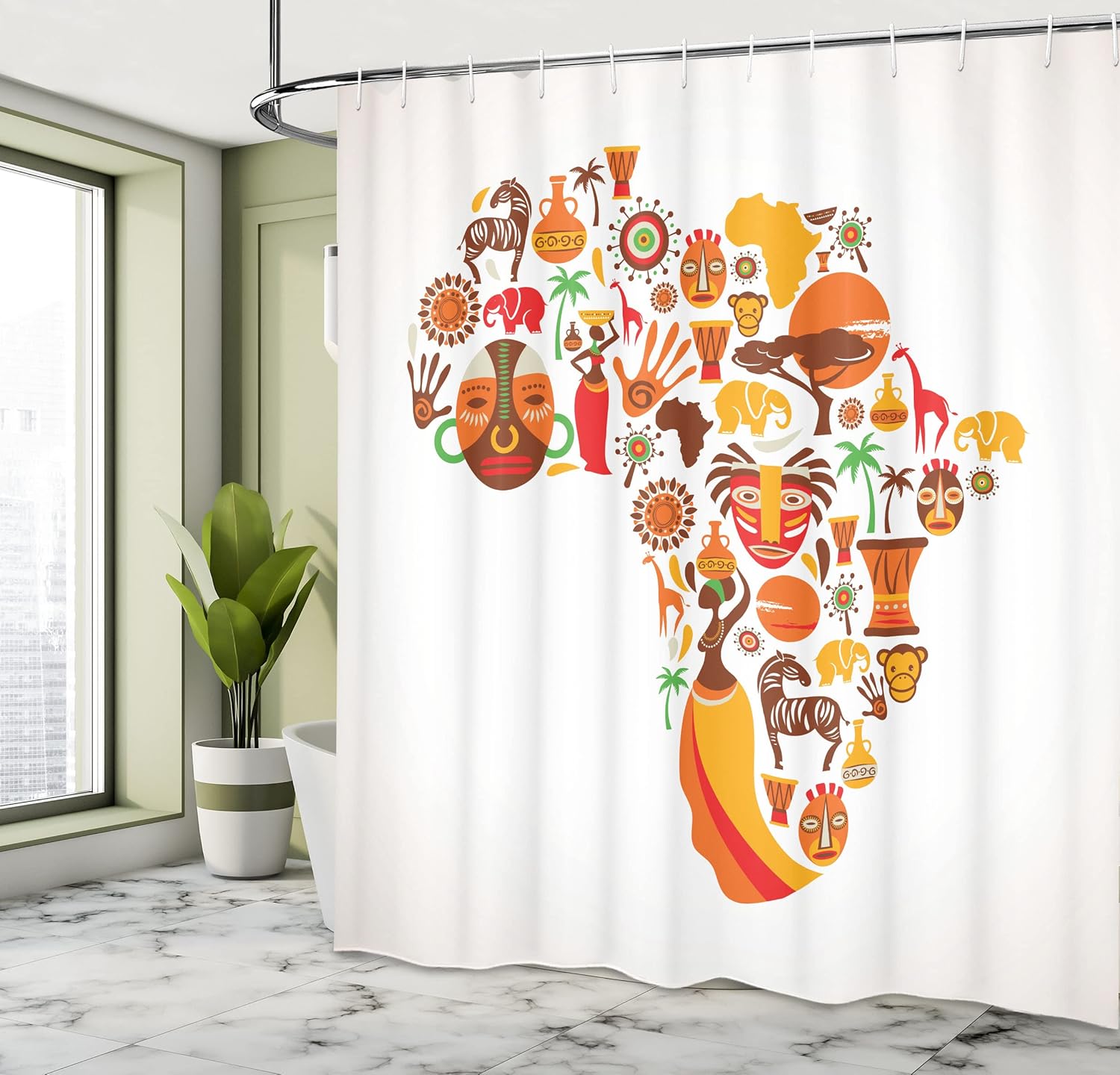 Ambesonne African Shower Curtain, Map Different Famous and Savannah Style Artwork, Cloth Fabric Bathroom Decor Set with Hooks, 69" W x 75" L, Orange Brown
