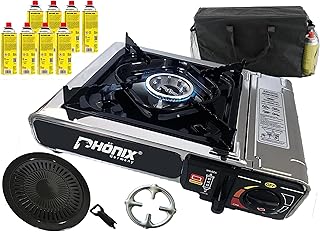 Phönix PC-20 Edelstahl Gaskocher 1-flammig Campingkocher + Grillaufsatz + 8x Gaskartuschen + Herdkreuz + textile Tragetasche
