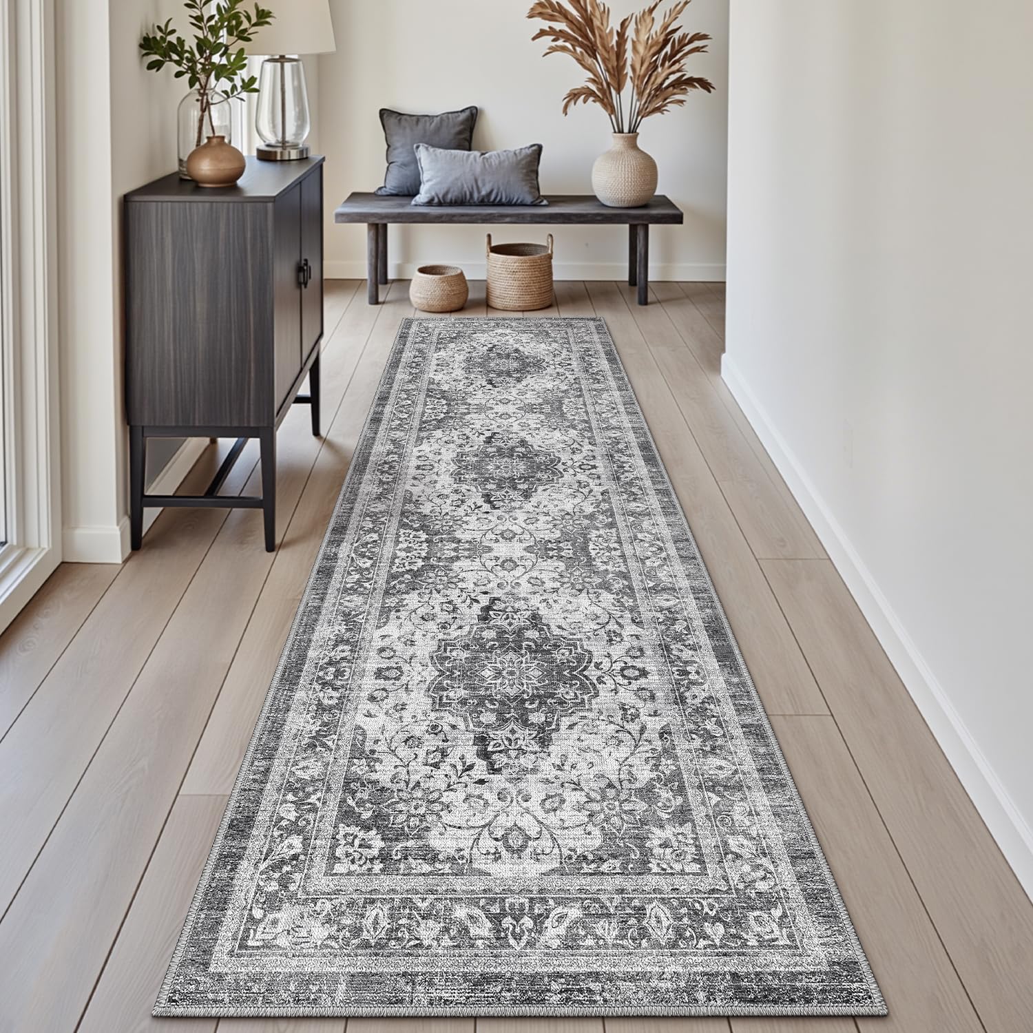 DEXI Hallway Runner Rug 60 x 210 cm, Non-Slip Long Washable Entryway Floor Mats, Absorbent Thin Vintage Carpet Runners for Kitchen, Laundry, Bedside, Grey