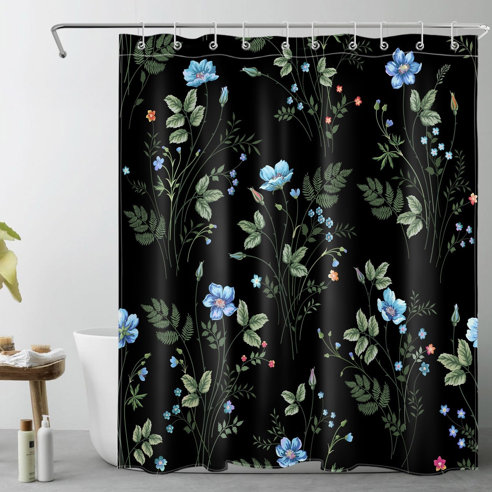 LB Blue Floral Shower Curtain Watercolor Flower with Green Leaves on Black Background Bathroom Shower Curtain Botanical Bathroom Decor with Hooks