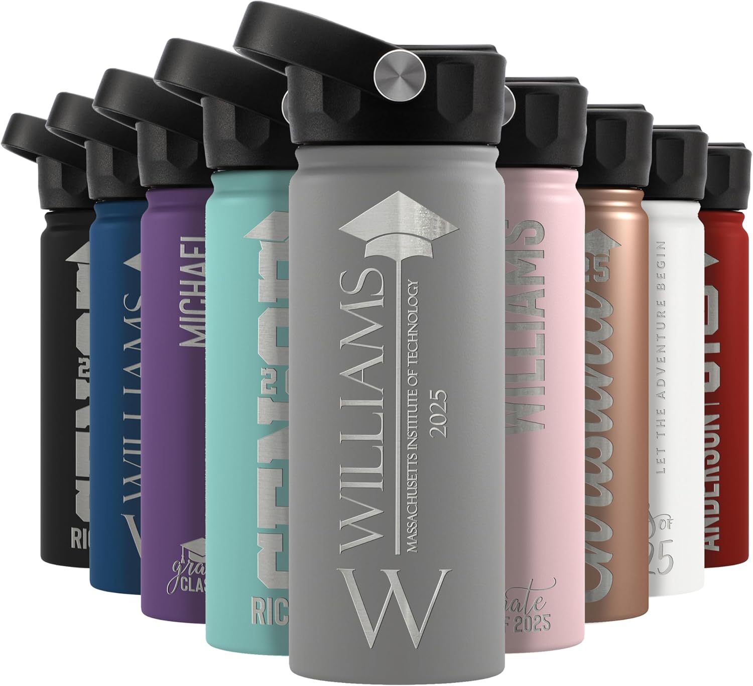 Graduation Gifts - Personalized Water Bottle w Straw Lid, Custom 6 Designs Water Bottle w Name | 24oz - Black | Double Wall, Vacuum Insulated, Class of 2025, High School, College Gifts