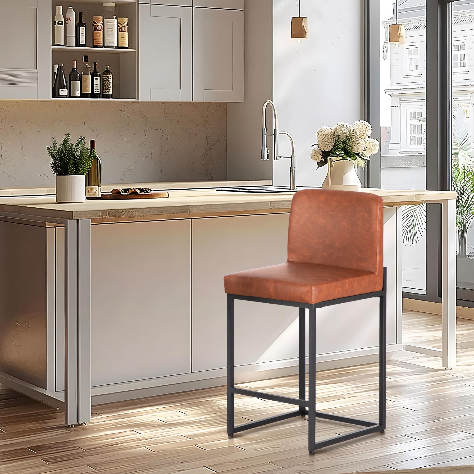 ALPHA HOME Bar Stools, Tall Kitchen Stools, Sturdy Steel Frame Breakfast Bar Chairs, 43.5 cm Tall, Soft Faux Leather Seat Kitchen Counter Chairs for Dining Area, Kitchen Island Barstools, 1 pcs, Brown