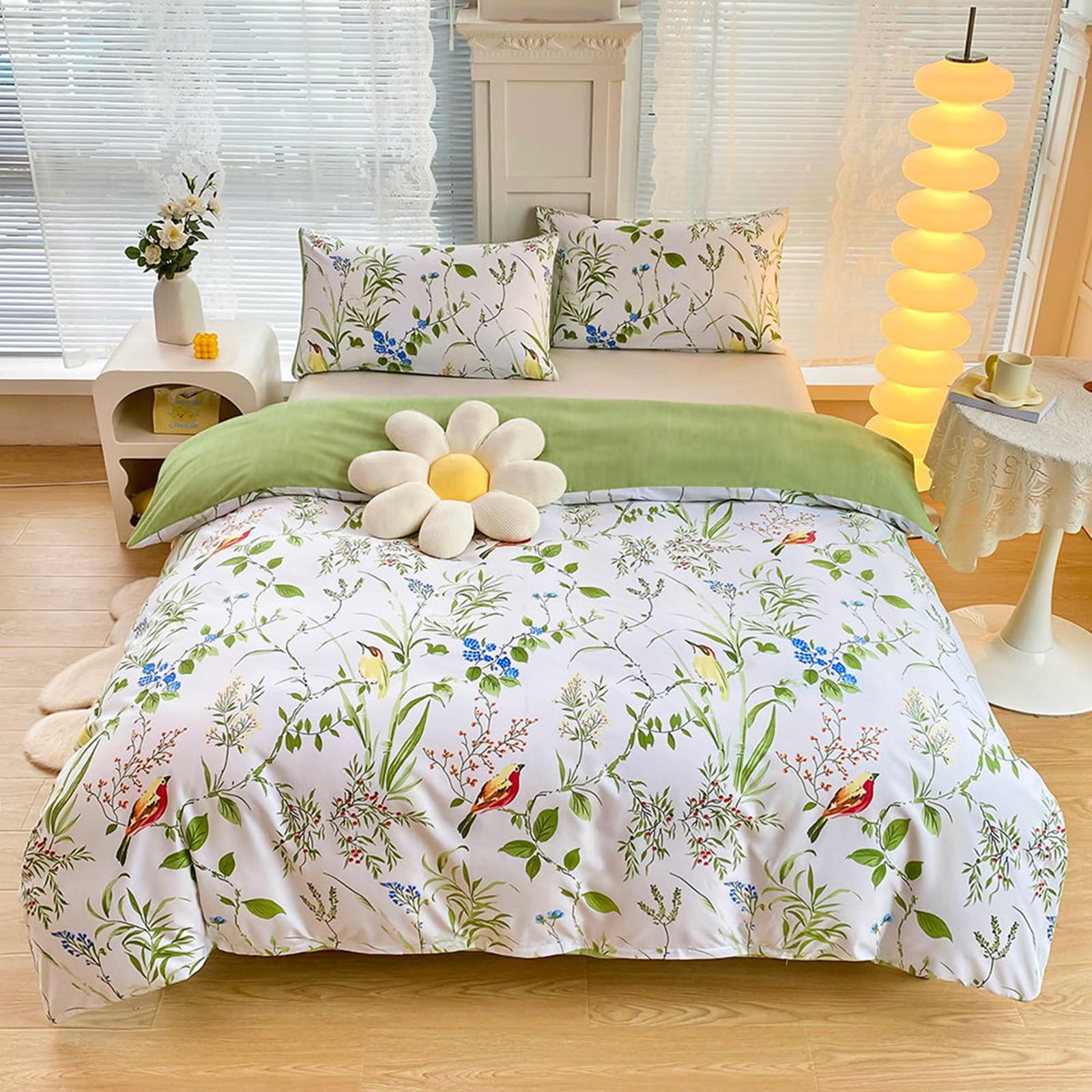 Single Duvet Cover Sets Bird Floral Bedding Sets Flower Comforter Cover with 1 Pillowcase for Kids Boys Girls Reversible Green Hotel Quality Easy Care Super Soft Luxury Bedding Collections 135x200 cm — image 1