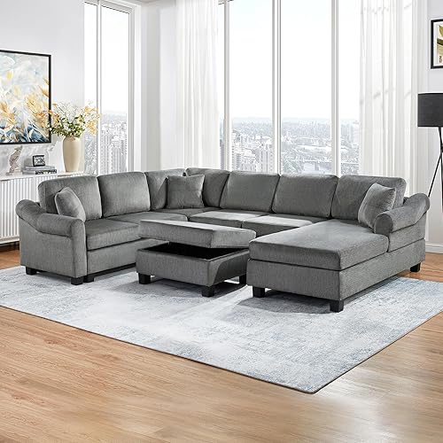 P PURLOVE Sofá seccional, sofá seccional grande de terciopelo con diván lateral derecho, diván ancho con otomana para sala de estar (gris oscuro)