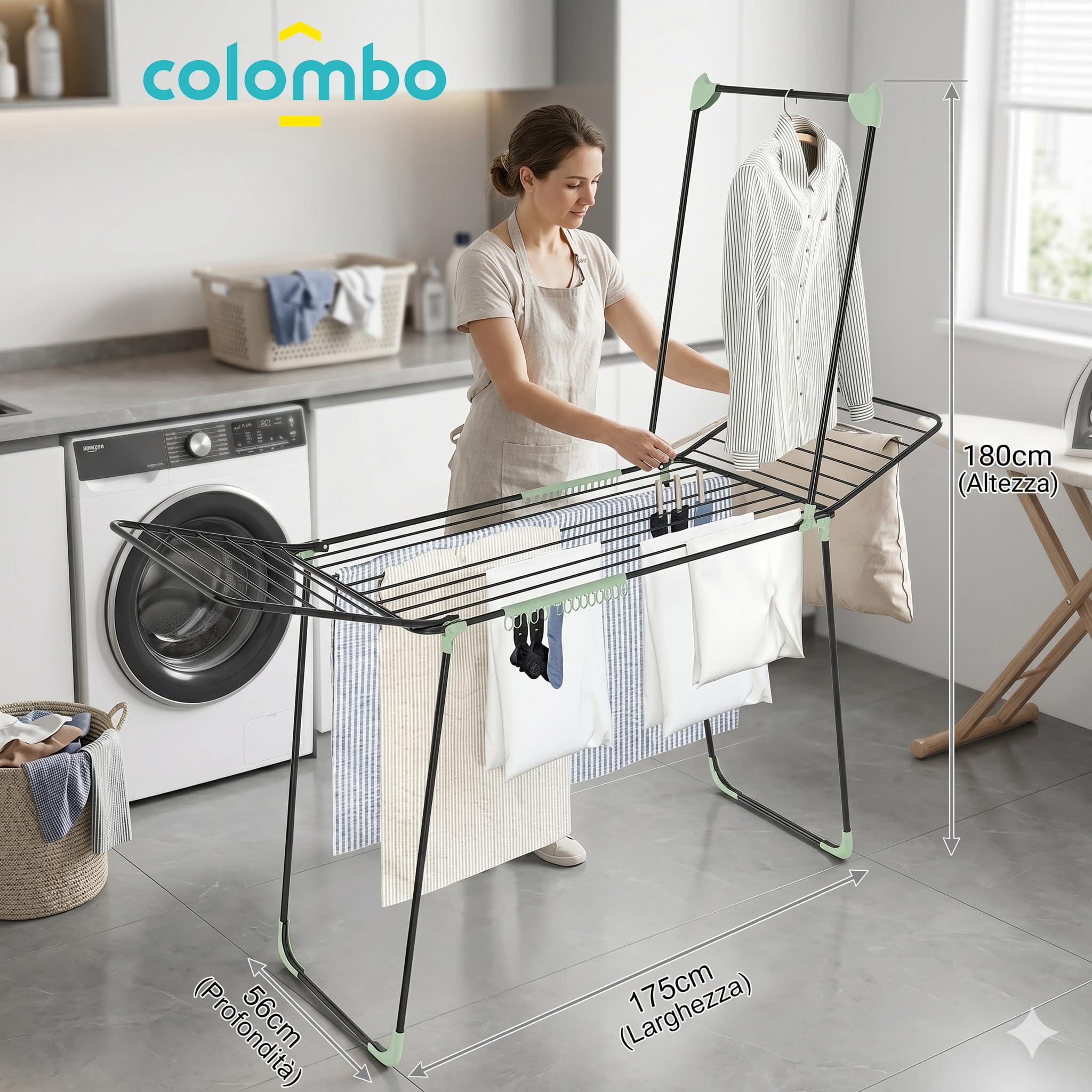 Colombo | Golden 30 Stendibiancheria a Ponte con 3 Grucce 30m Stenditura | Stendino Pieghevole con Ali, con Barra Porta Abiti e Porta Calzini | Acciaio Antiruggine | Include 3 Grucce | Made in Italy