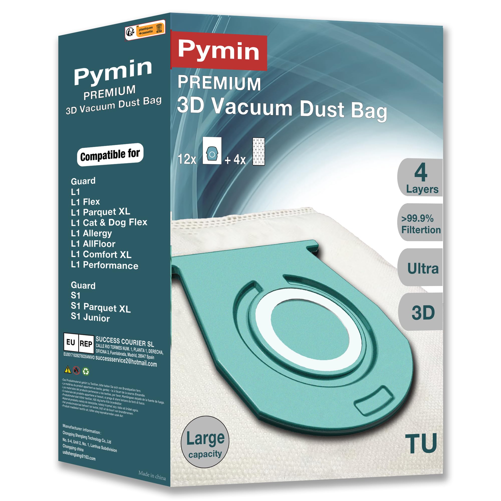 Pymin 12 Pack vacuum cleaner bag for Miele TU Guard L1 / Guard S1 / CO Guard M1 vacuum cleaner, large capacity, replacement vacuum bag, 4 engine protection filters