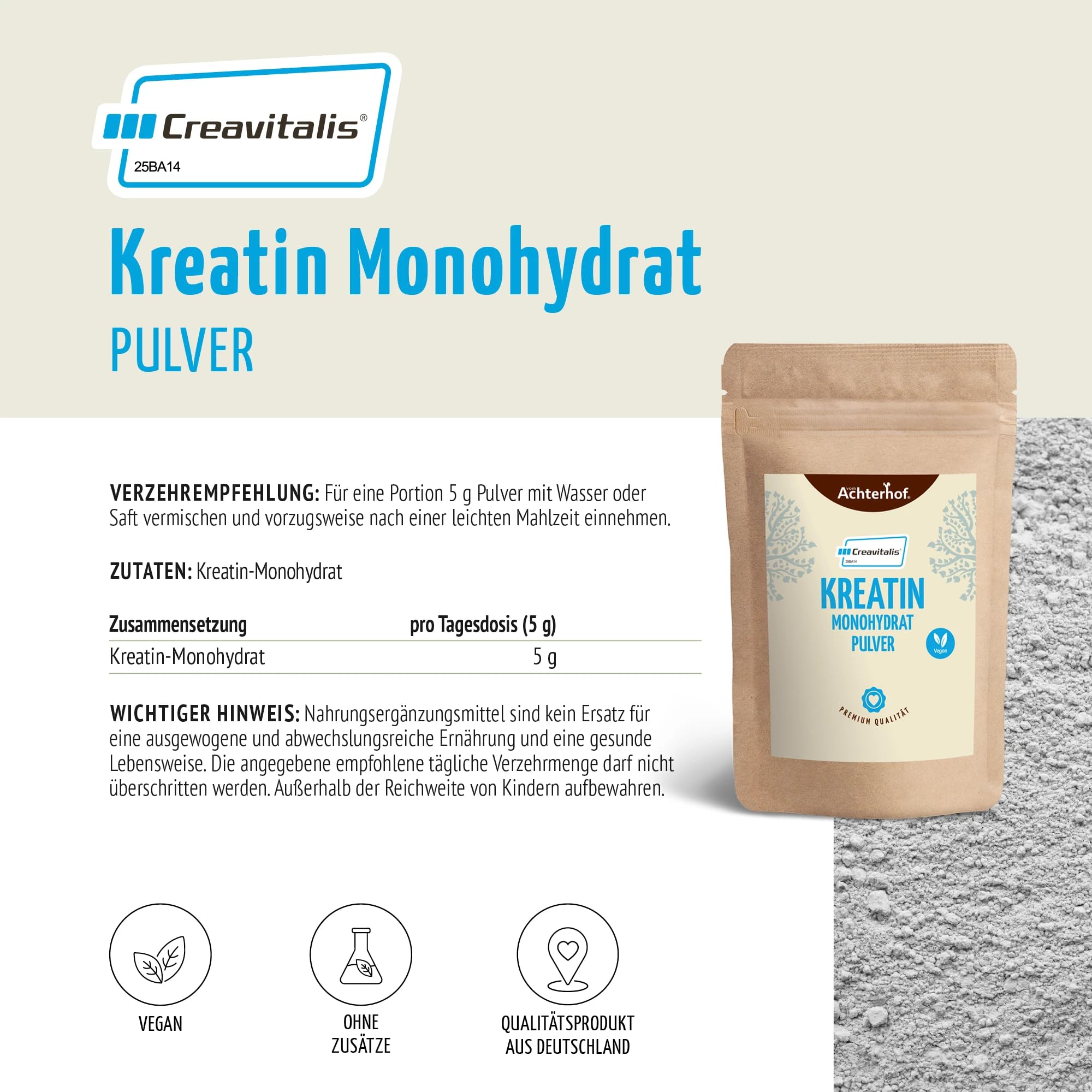 Creavitalis® Kreatin Monohydrat Pulver 500g | reinstes Kreatin ohne Zusätze made in Germany | aus den Aminosäuren Arginin, Glycin und Methionin | Achterhof