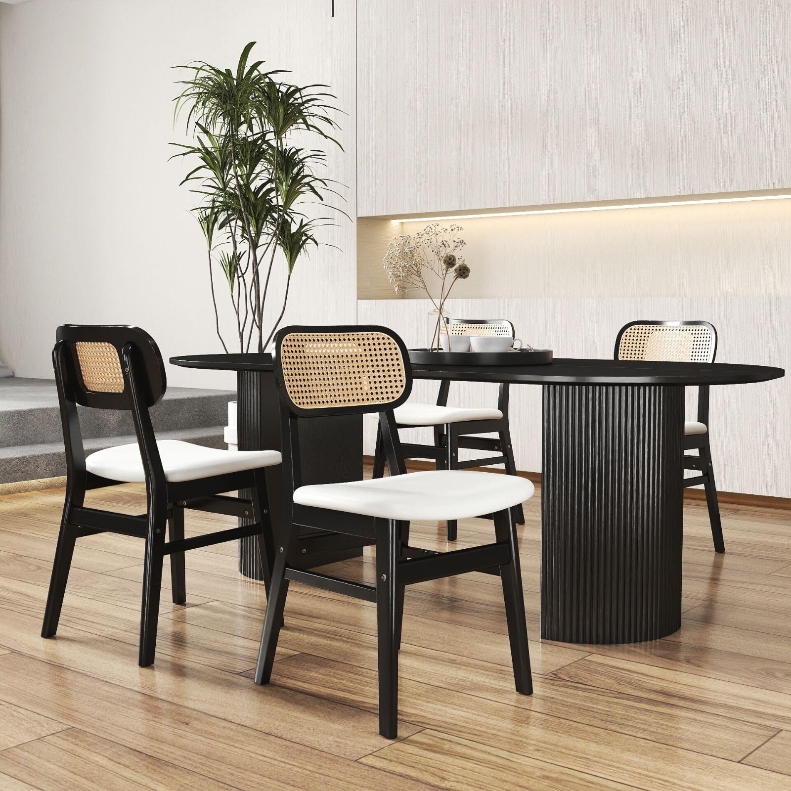 ROCITY Rattan Dining Chairs Set of 4 Black Wooden Dining Room Chairs White Faux Leather Kitchen Chairs with Back Farmhouse Side Chairs