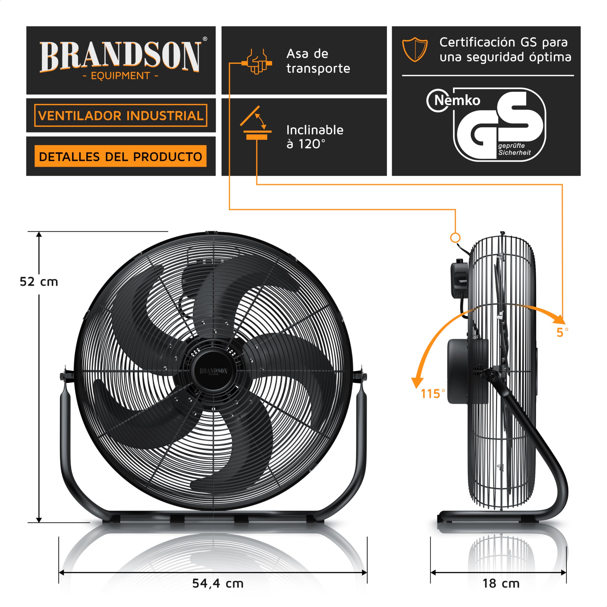 Brandson - ventilador de suelo estilo retro 120 Watt - ventilador industrial 50cm - alto flujo de aire - inclinable y versátil - negro mate