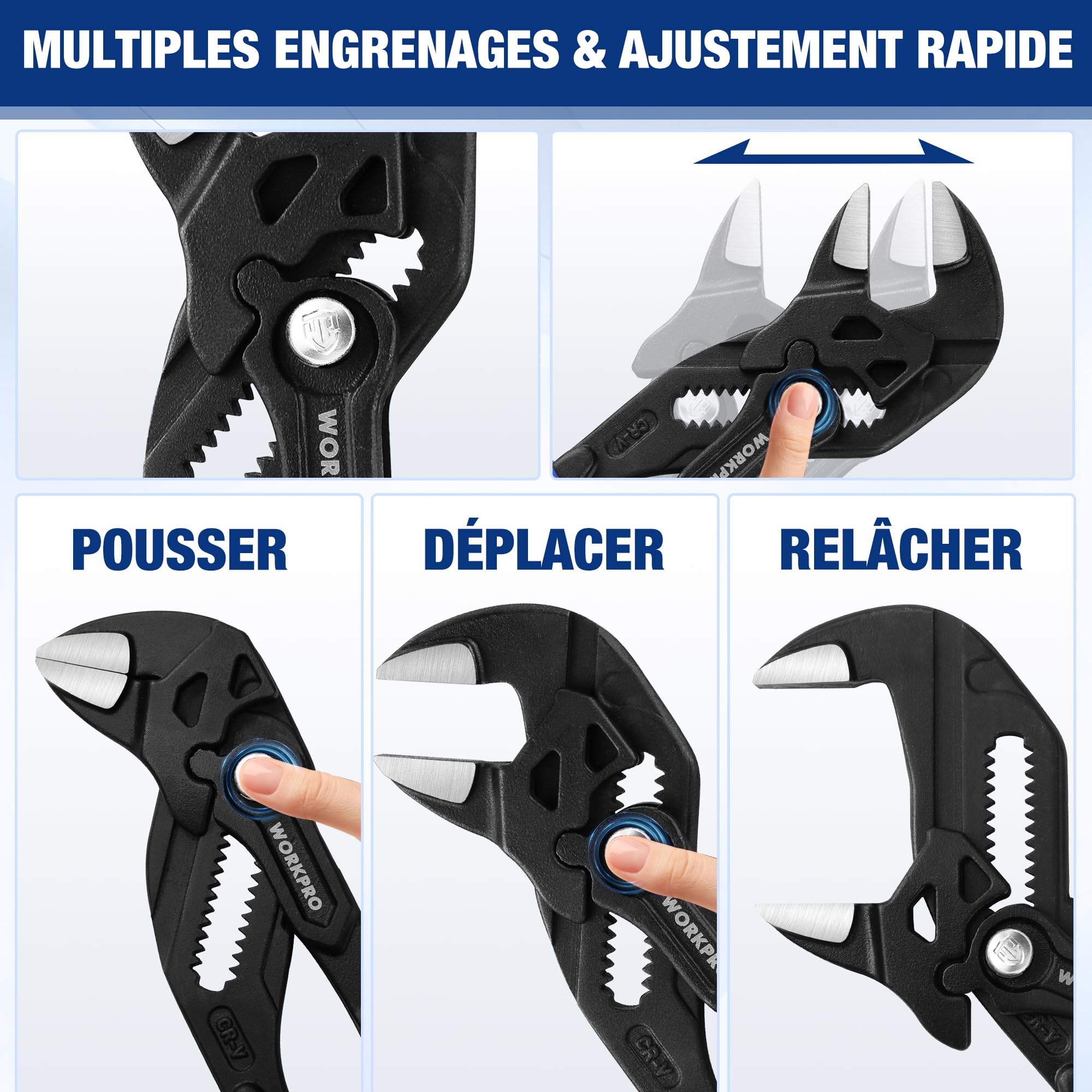 WORKPRO Jeu de 2 Clés à Pince 180 et 255 mm, Pince Multiprise en Acier Cr-V, Serrage Rapide, Ouverture Maximale de 40/50 mm, Polyvalente pour Serrage et Ajustement