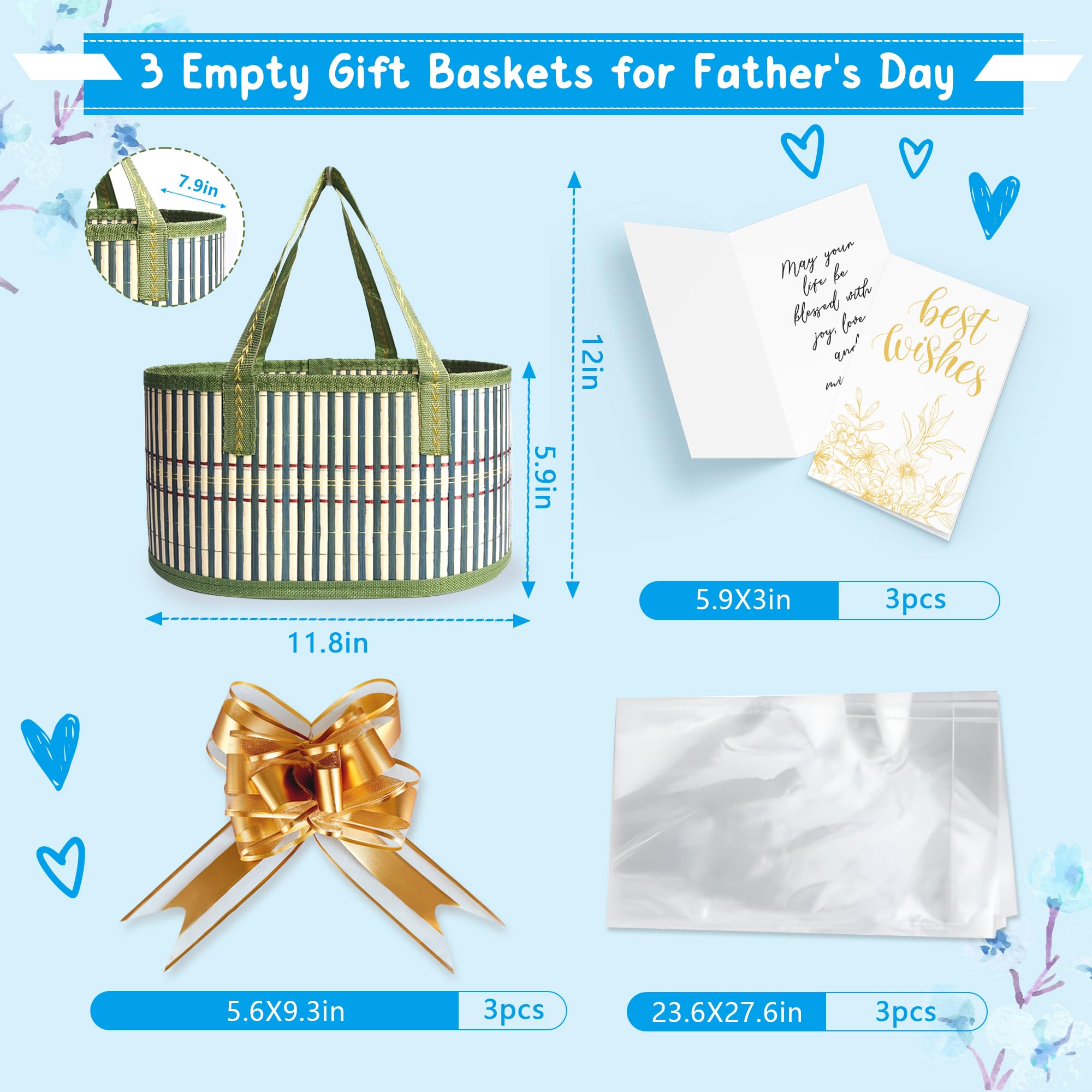 Set di 3 cesti per regali vuoti, cesti regalo vuoti, cesti regalo in bambù intrecciato, robusti cesti regalo da donna per feste di compleanno, 3 sacchetti in cellophane, 3 biglietti regalo, cesto