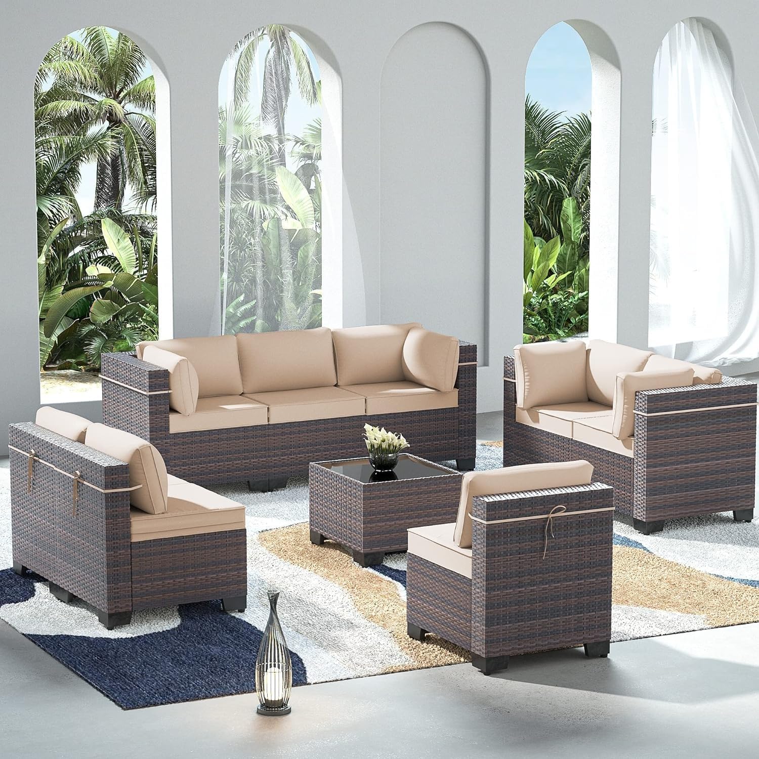 9 Piece Patio Furniture Set,Wicker Outdoor Sectional Sofa Sets with Glass Coffee Table, PE Rattan Patio Conversation Set for Balcony, Porch -Brown