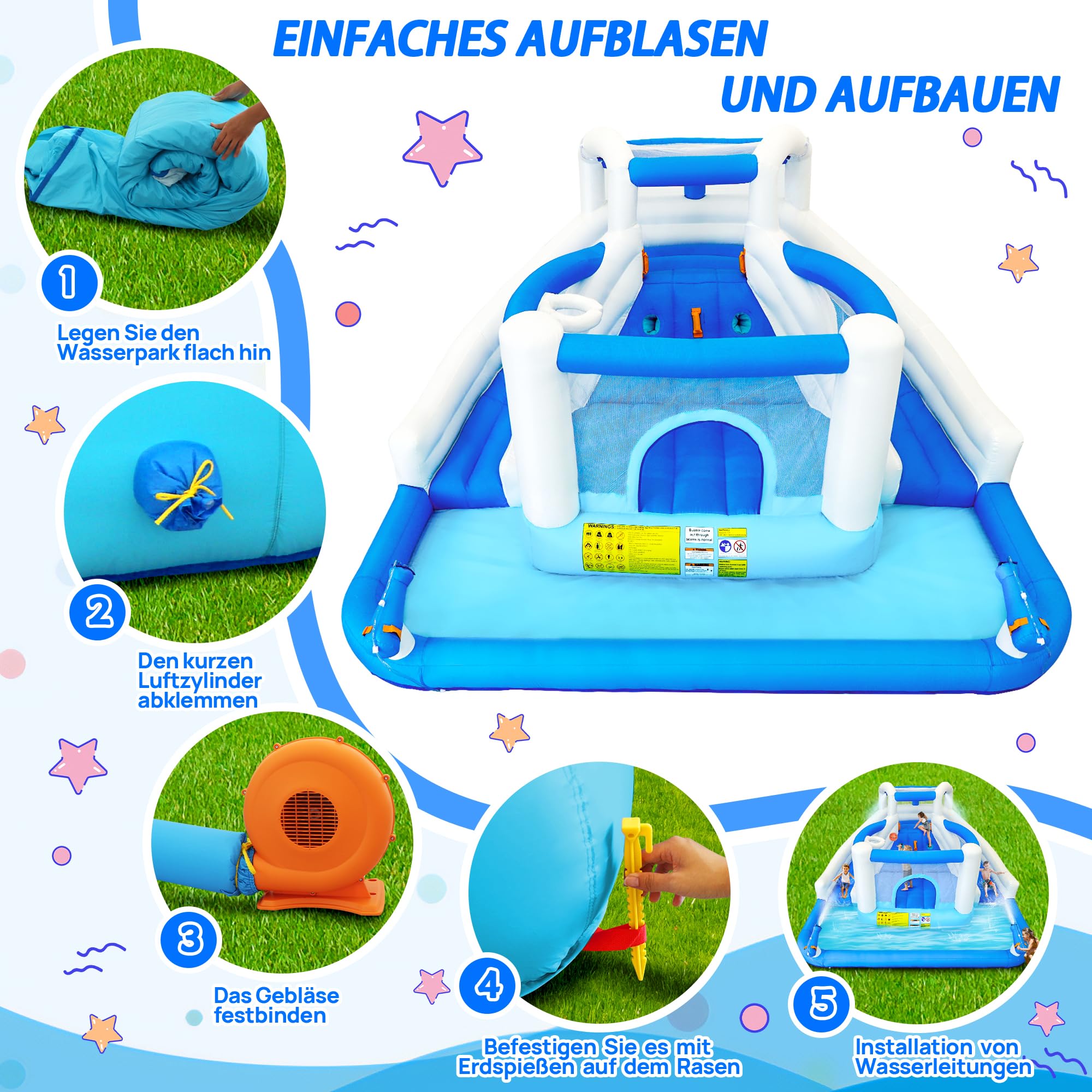 Castillo hinchable con tobogán acuático, trampolín, canasta de baloncesto y 2 pistolas de agua, castillo hinchable para niños, adecuado para jardín y fiesta