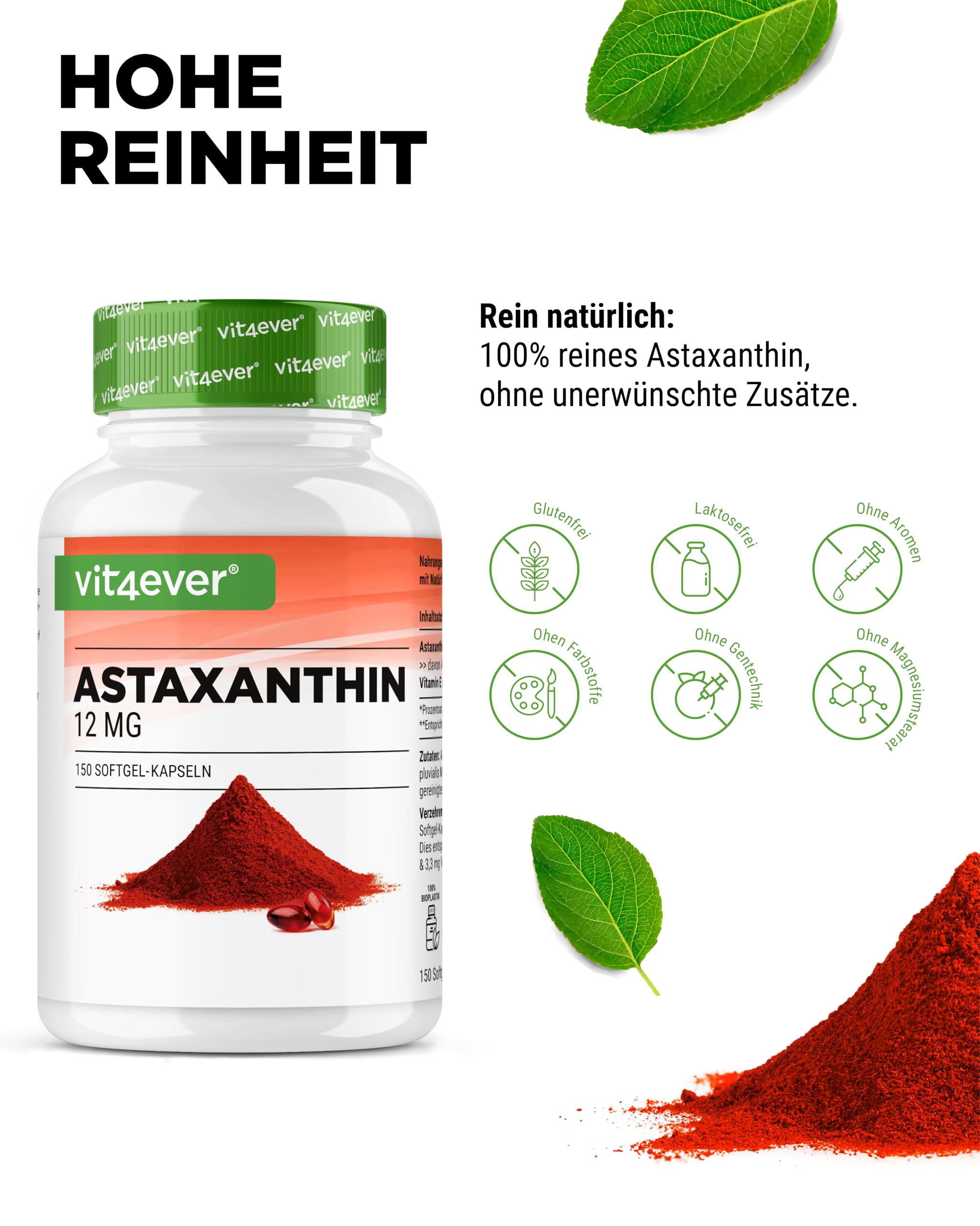vit4ever Astaxanthin 12 mg - 150 Softgel Kapseln - Haematococcus Mikroalge | 10-Monats-Vorrat, aus Haematococcus Pluvialis, mit Vitamin E & Olivenöl, laborgeprüft