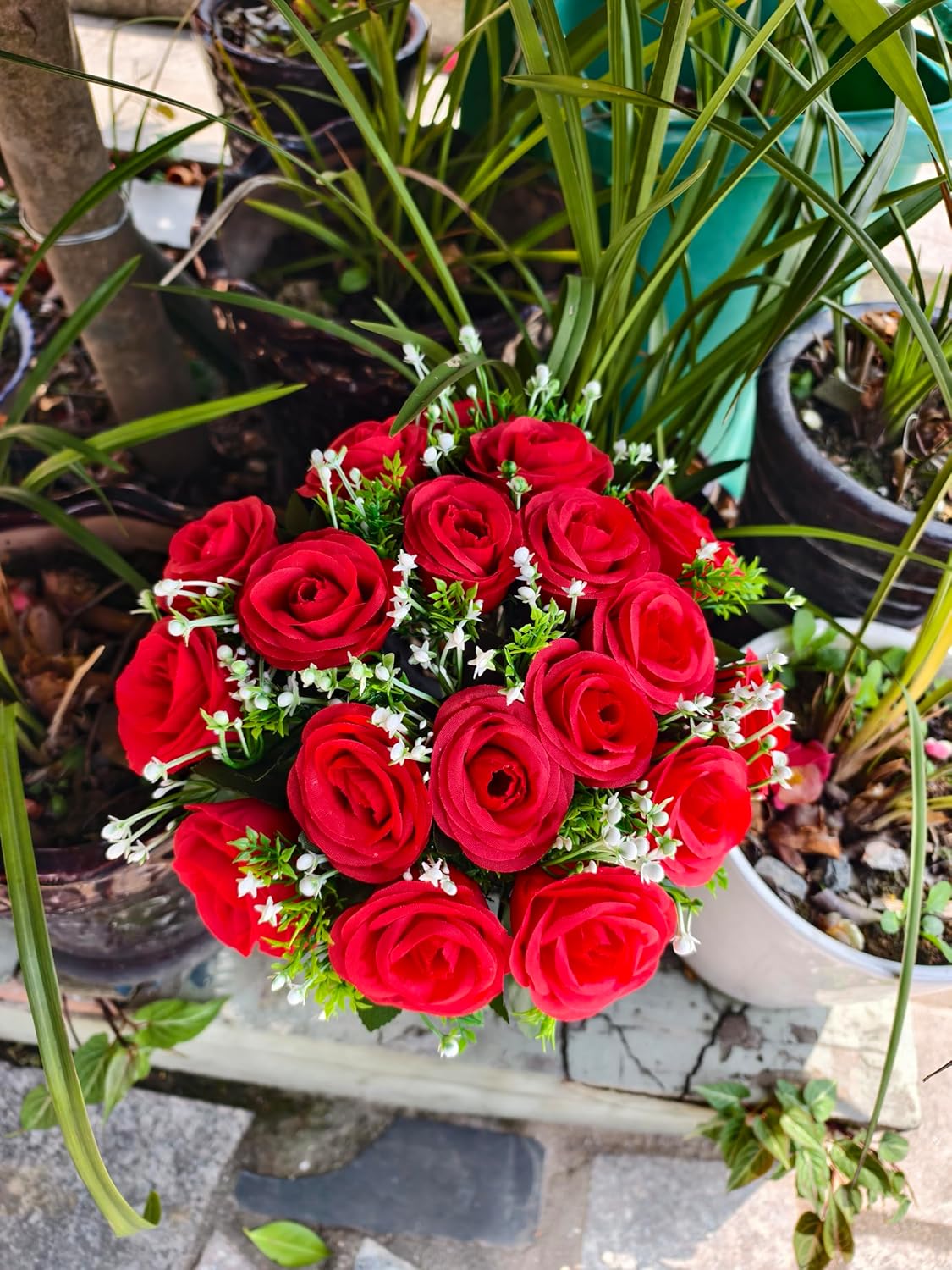 Set of 2 Cemetery Flowers for Grave, Red Silk Artificial Rose Memorial Arrangements for Headstones, Graveside Grave Vase Decorations, Outdoor UV Resistant Funeral Sympathy Flowers (red)