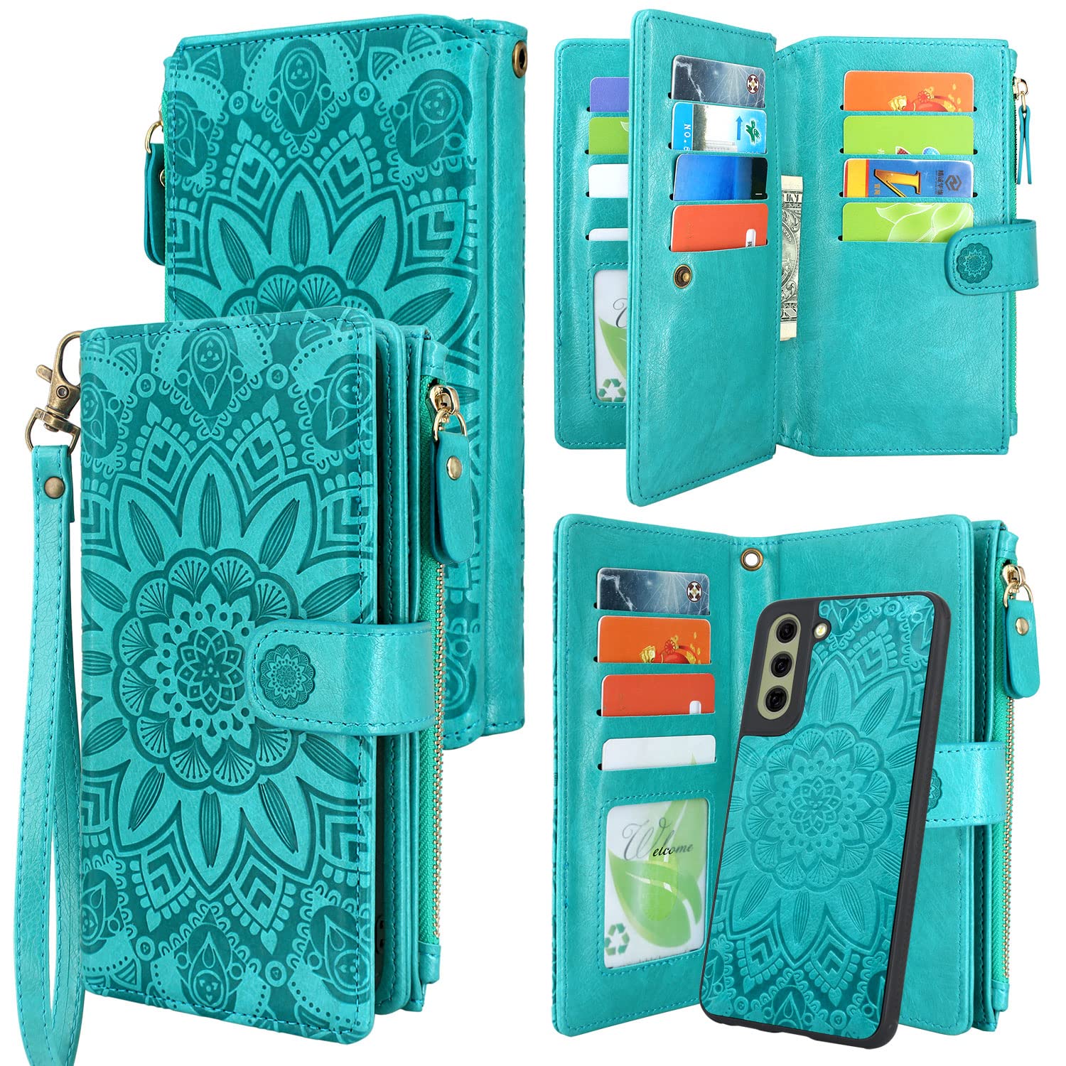 Harryshell Detachable Magnetic Zipper Wallet Leather Case with Cash Coin Pocket 12 Card Slots Holder Wrist Strap Lanyard Compatible with Samsung Galaxy S21 FE 5G (2022) Flower (Blue Green)