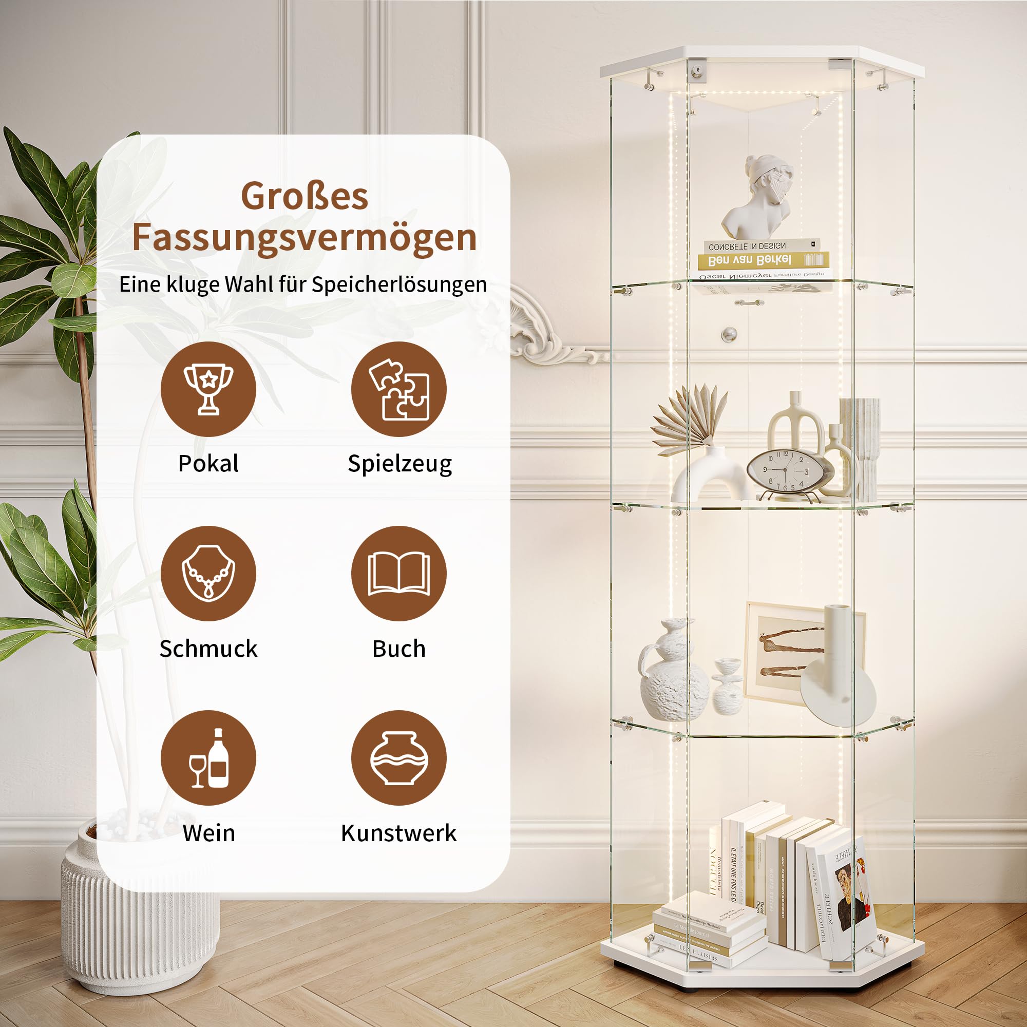 BRILVERDE Witryna szklana LED, szafka z 4 półkami i drzwiami z zamkiem, witryna do kolekcji, książek, modeli, butelek, salonu i biura (biały, narożny, 1 Tür 4 Lagen)