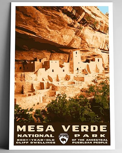 Mesa Verde National Park Vintage-Style Travel Poster - 8x10-12x18-18x24-24x36  4x6 Postcard WPA Style Art Print Colorado USA Cliff Dwellings (24x36