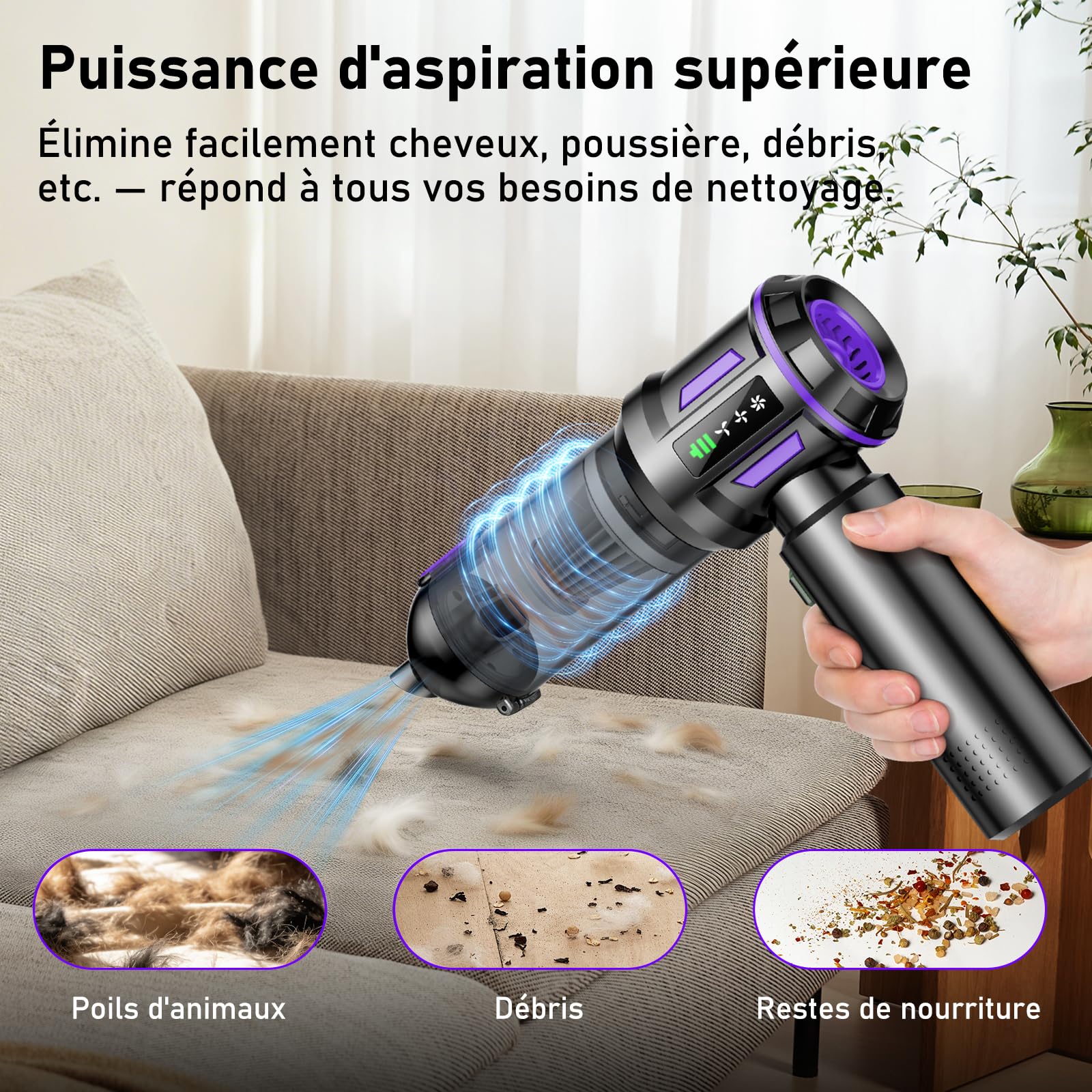 Aspirateur à Main sans Fil 28000Pa, 4-en-1 Aspirateur Voiture avec Moteur Brushless, Display LCD, Batterie 8000mAh, Recharge USB-C – pour Auto, Maison, Bureau, Polstermöbel