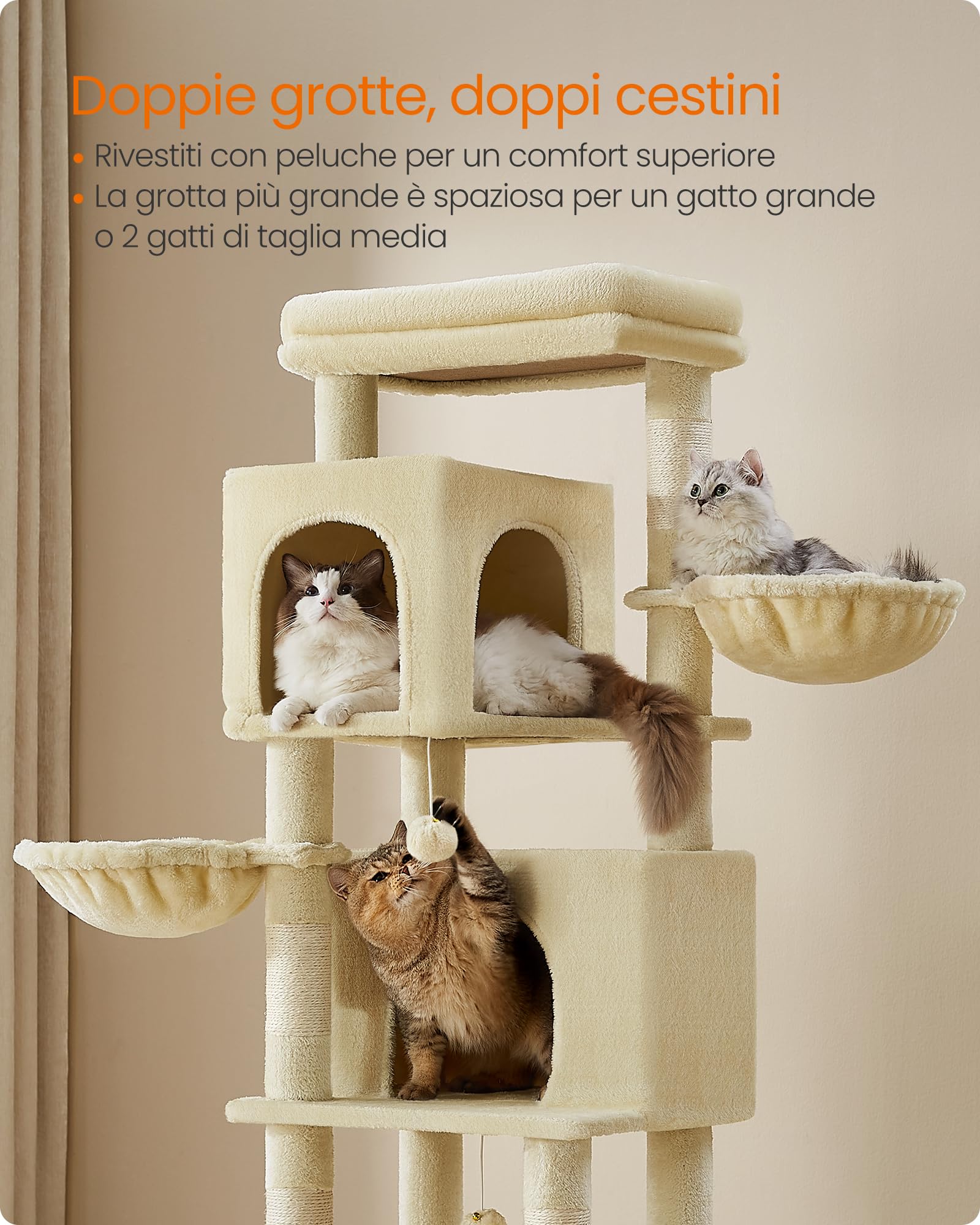 Feandrea Albero per Gatti Grande, Torre Tiragraffi Alto 175 cm, Multilivelli con 2 Grotte, 2 Cestini, 5 Graffiatoi, Autospazzola, Trespolo, Amaca, Beige Sabbia PCT182Y01