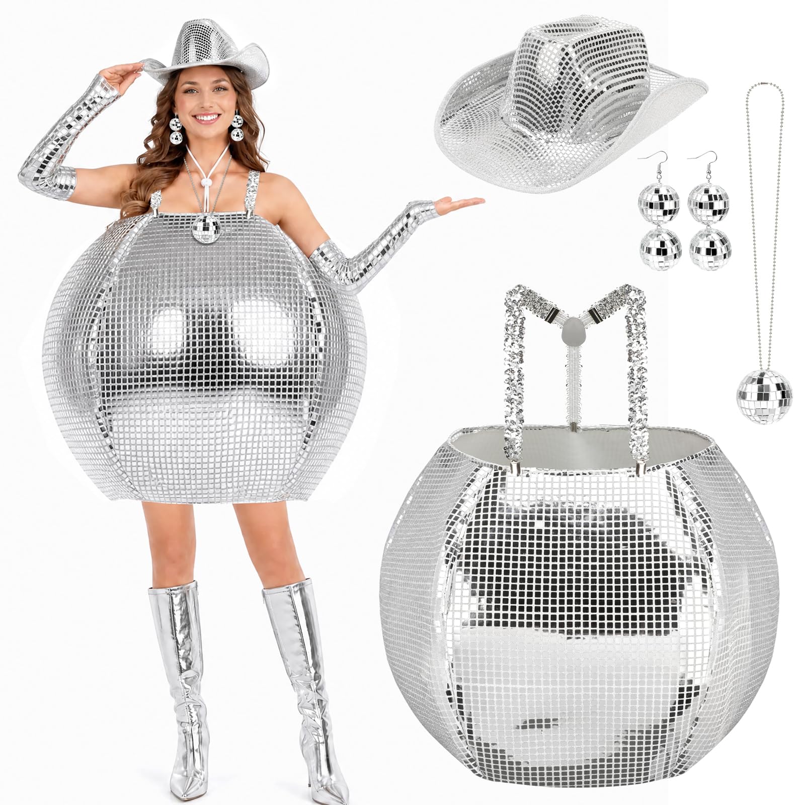 Disco Ball Costume Set for Women Men, 70s Shiny Mirror Ball Outfit with Cowboy Hat Necklace Earrings for Halloween
