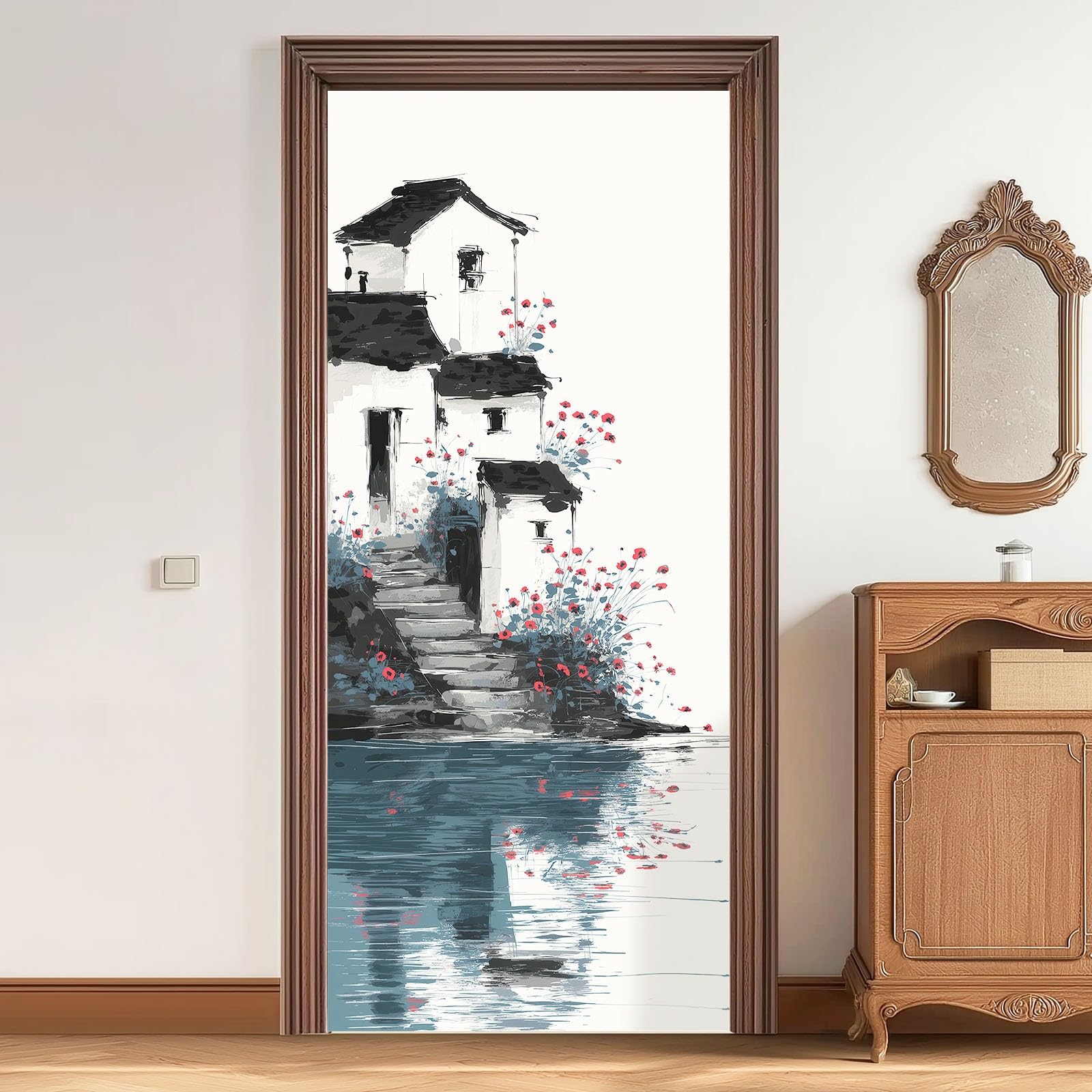 Naklejka na drzwi, samoprzylepna, 88 x 200 cm, naturalny plakat na drzwi, chińska architektura, krajobraz, trwała i wodoodporna, fototapeta, folia na drzwi, biała, 3D "zrób to sam", naklejka na drzwi