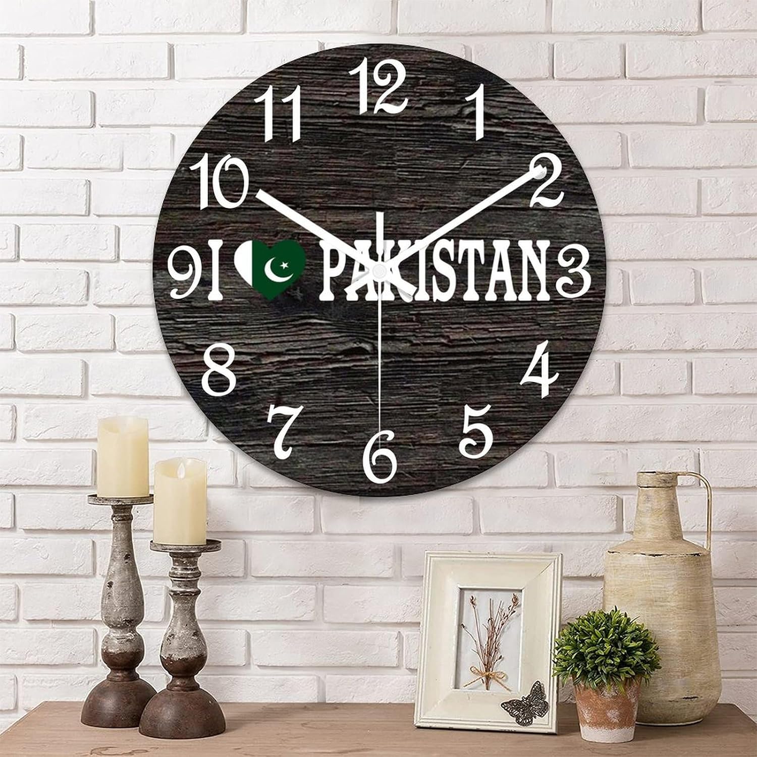 I Love Pakistan Wall Clock Wood Clock,Flag of Pakistan Round Wooden Clock Gifts Novelty Wall Clock for Home Kitchen Living Room Office 15 X 15 Inch