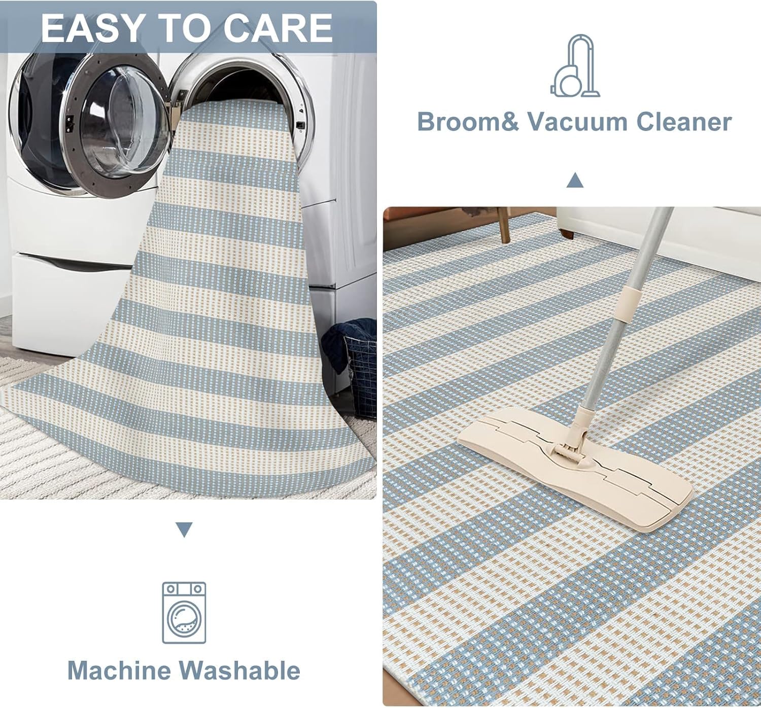 LEEVAN Outdoor Patio Rug 5x7 Striped Porch Mat, Washable Spring Balcony Rug Blue and White Backyard Rug, Plaid Outside Entrance Floor Mat, Indoor/Outdoor Layered Mat for Deck/Pool/Camping/RV