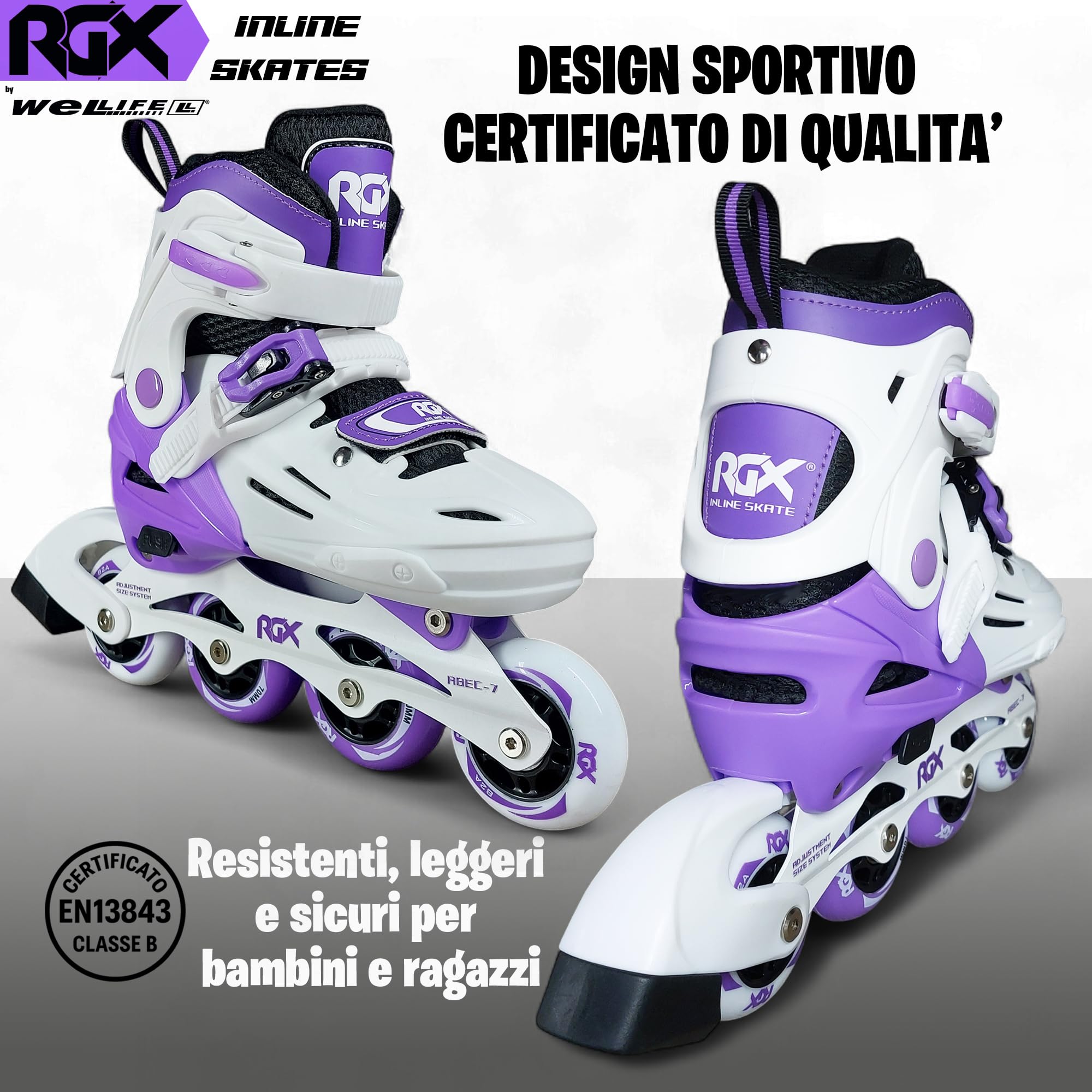 WeLLIFE RGX Line Pattini in Linea Bambina e Bambino Regolabili 4 Misure, Doppia Configurazione Ruote, Guscio Rigido, Piastra Alluminio, Cuscinetti ABEC-7