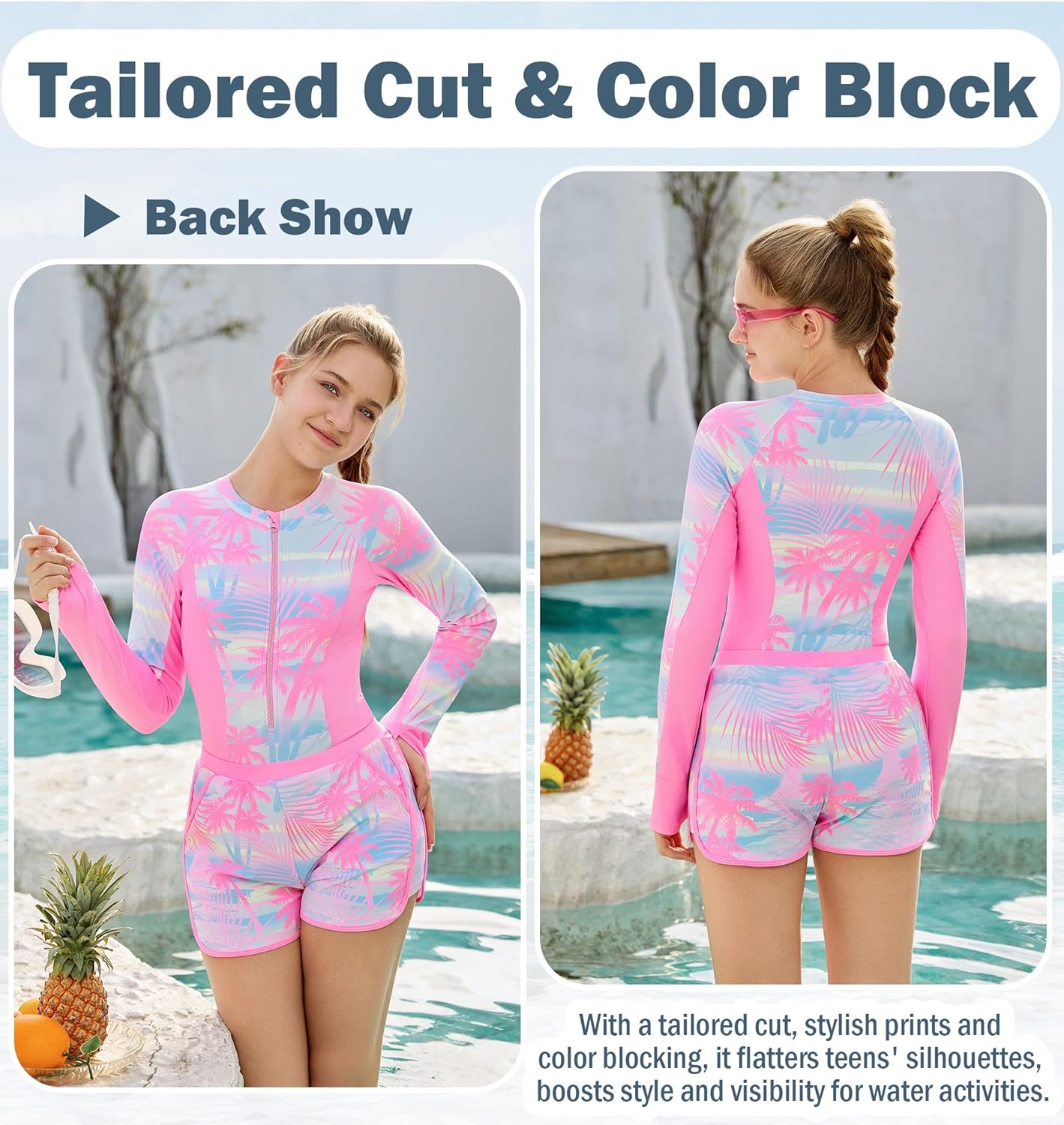 HOZIY Girls Rash Guard Swimsuit 2 Piece Long Sleeve One Piece Front Zipper UPF 50+ Bathing Suits with Swim Shorts 6-14 Years - Image 6