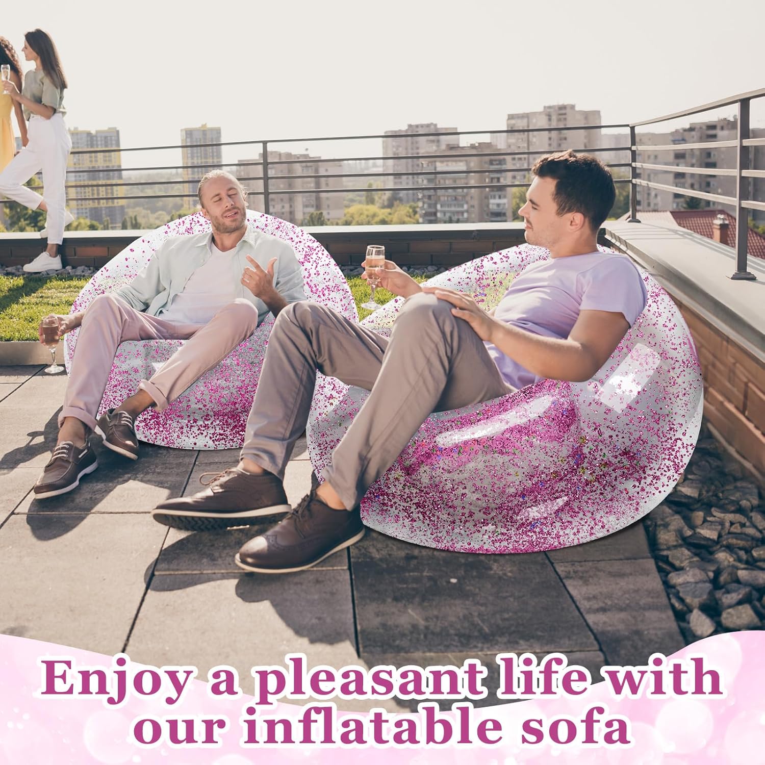 Realspring Inflatable Bean Bag Chair for Adult Bean Bag Sofa Chair Blow up Inflatable Furniture for Outdoor Living Room Bedroom Balcony Travel Party Gift Accessories(Pink Glitter,2 Pcs)