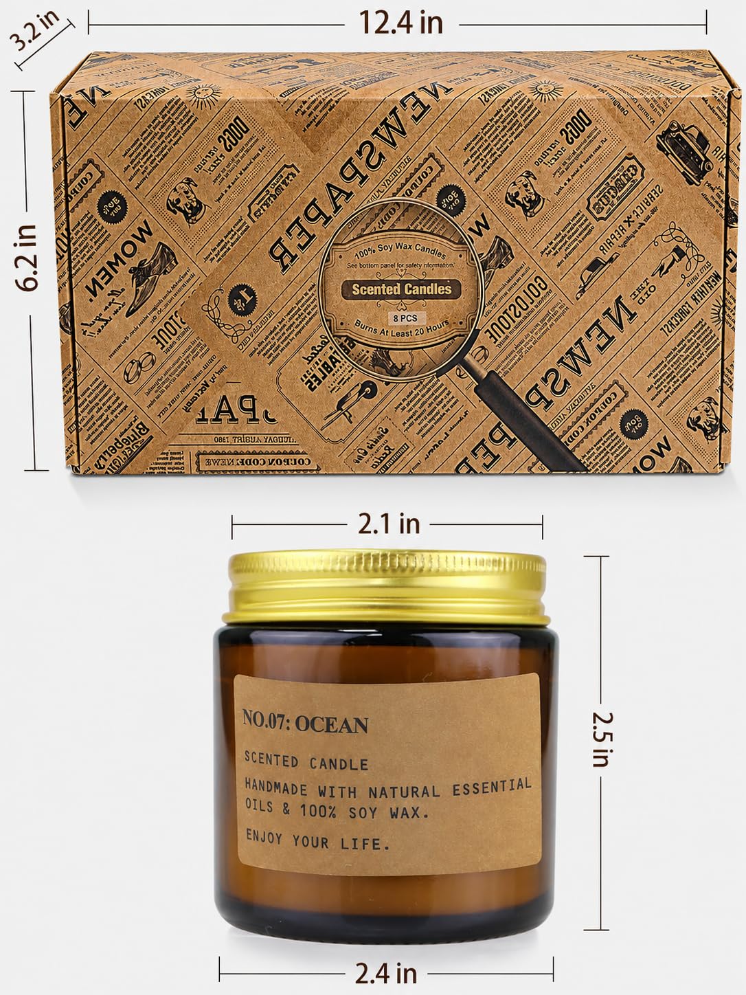 Candele Profumate Set di 8 Pezzi in Vetro, 800g Cera di Soia Profumo di Rose, Legno di teak, Amber, Menta und Grapfruit Aromaterapia Set Candele Compleanno Regalo per Mamma, Durata Fino a 200 Ore