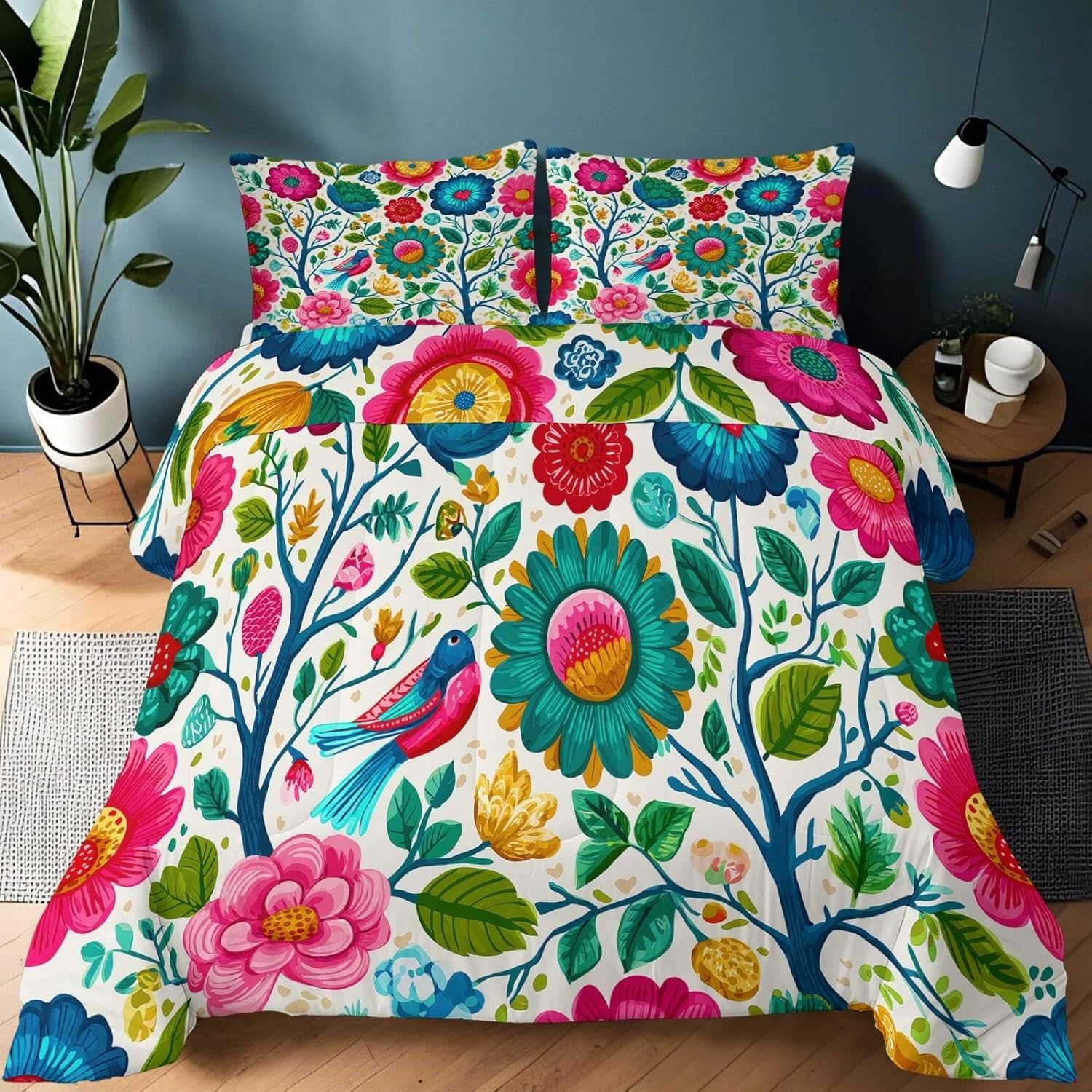 Édredon chaud 240x260 imprimé fleurs oiseaux et couette sans housse lavable adulte rétro