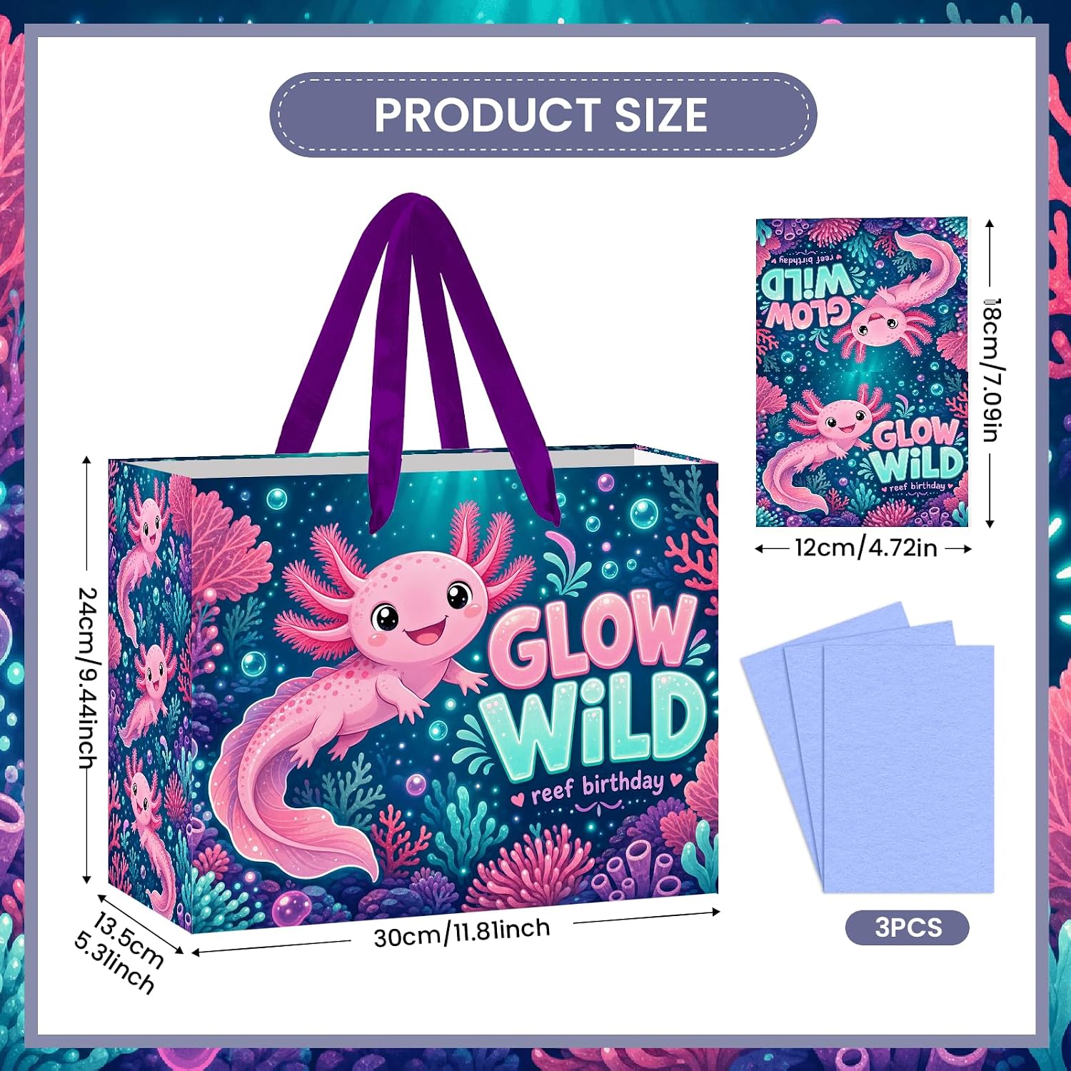 Axolotl Birthday Gift Bag, Glow Wild Axolotl Theme Party Supplies with Tissue Paper and Greeting Card, Large Cute Pink Axolotl Present Bag for Women Men Birthday Celebration Favors image 3