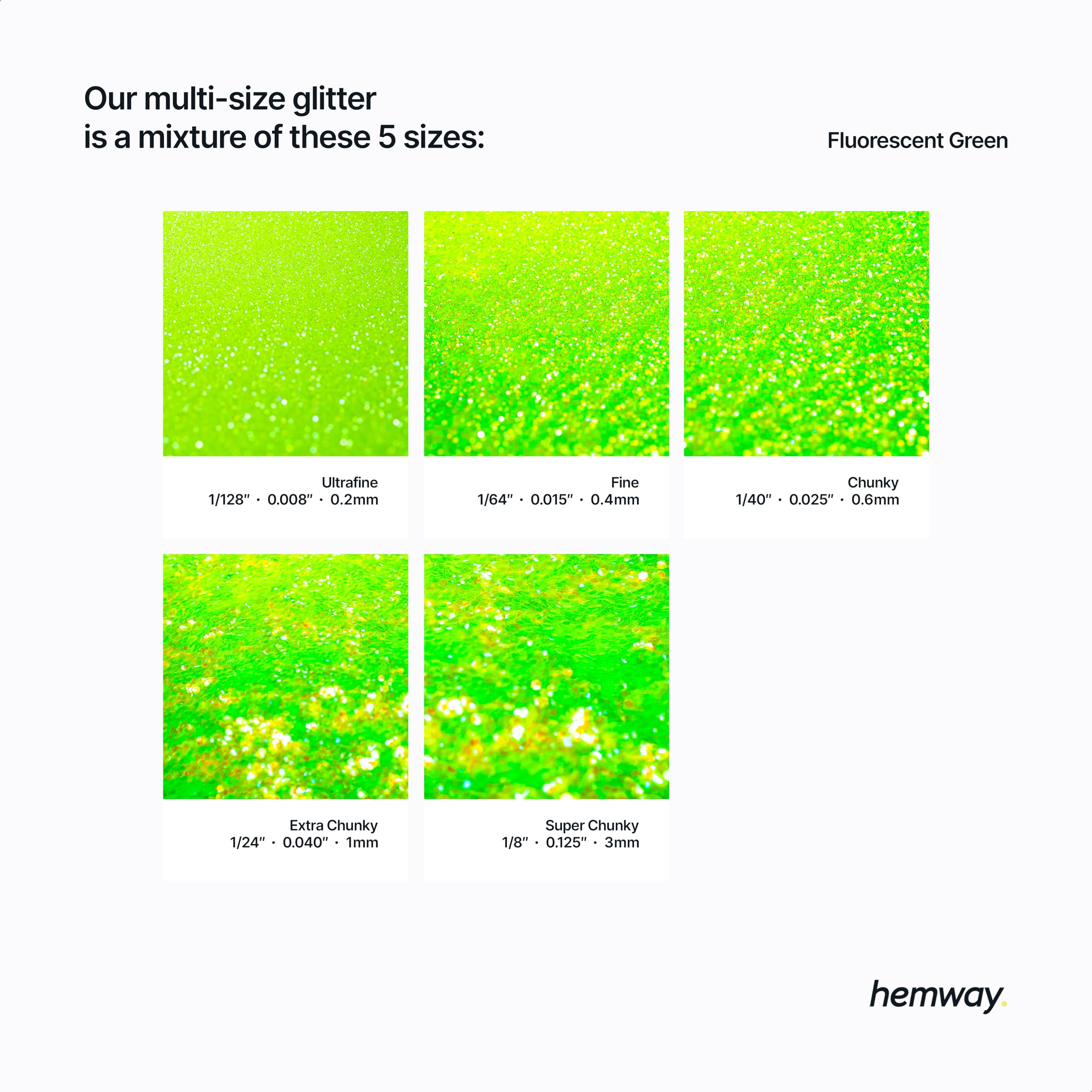 Hemway Craft Glitter Fluorescent Green 100g Multi Size Glitter for Crafts Resin, Cosmetic, Nail, Face, Body, Festival - Image 3