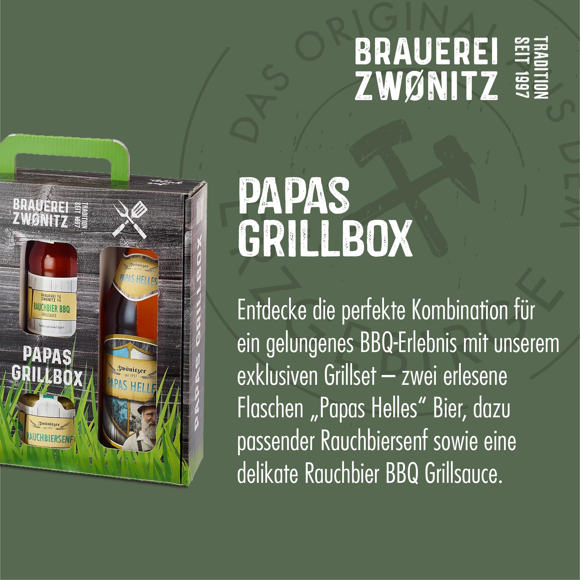 Brauerei Zwönitz – Papas Grillbox – Grill Set mit Bier, Senf & BBQ Sauce - BBQ Geschenkset - Grill Geschenke für Männer - BBQ Zubehör - Geschenke für Grillfans