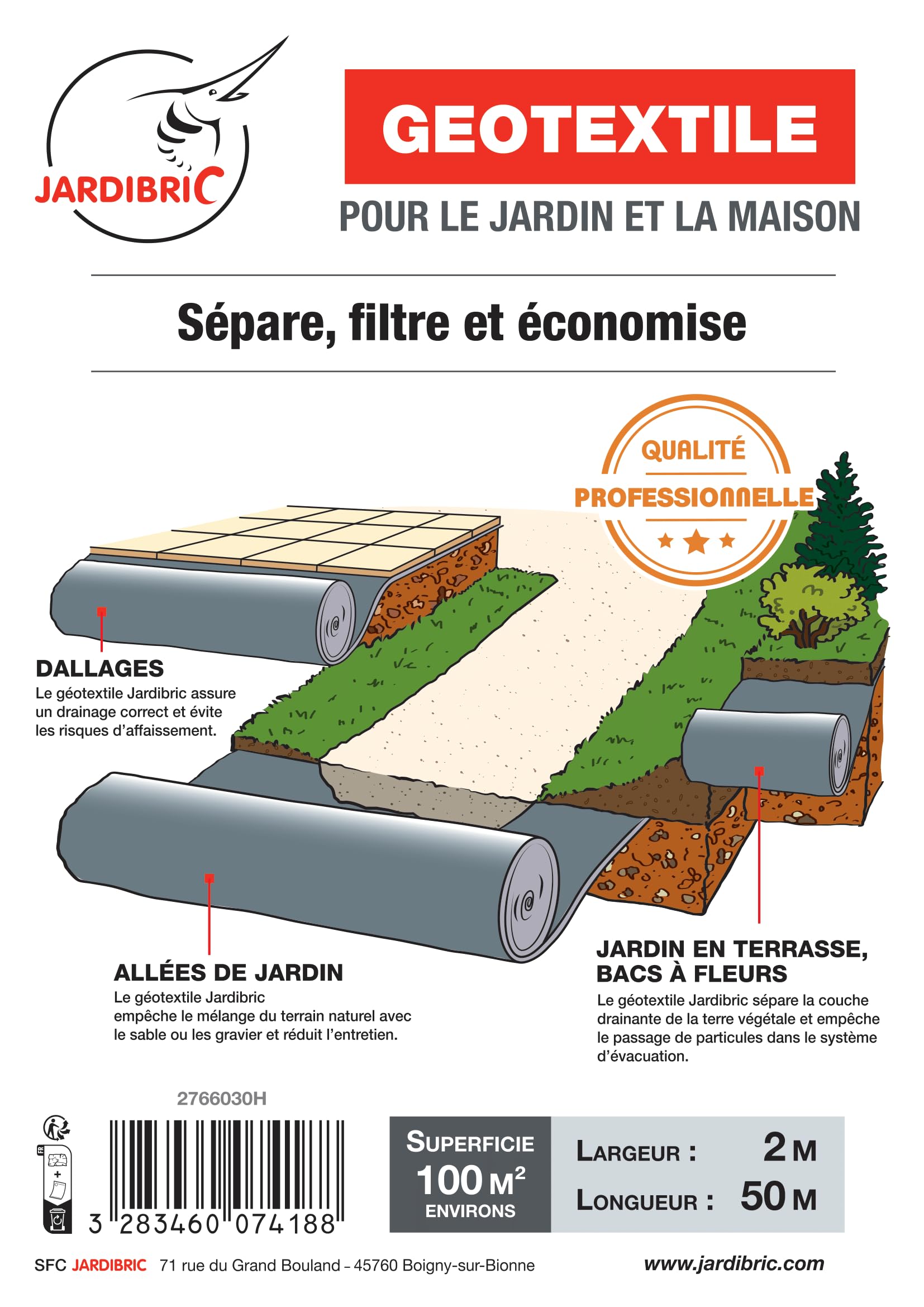 Jardibric - Rollo geotextil de malla antimalezas polipropileno, 2 x 50 metros, 100 gr/m², conserva la integridad del terreno natural, evita la mezcla indeseable