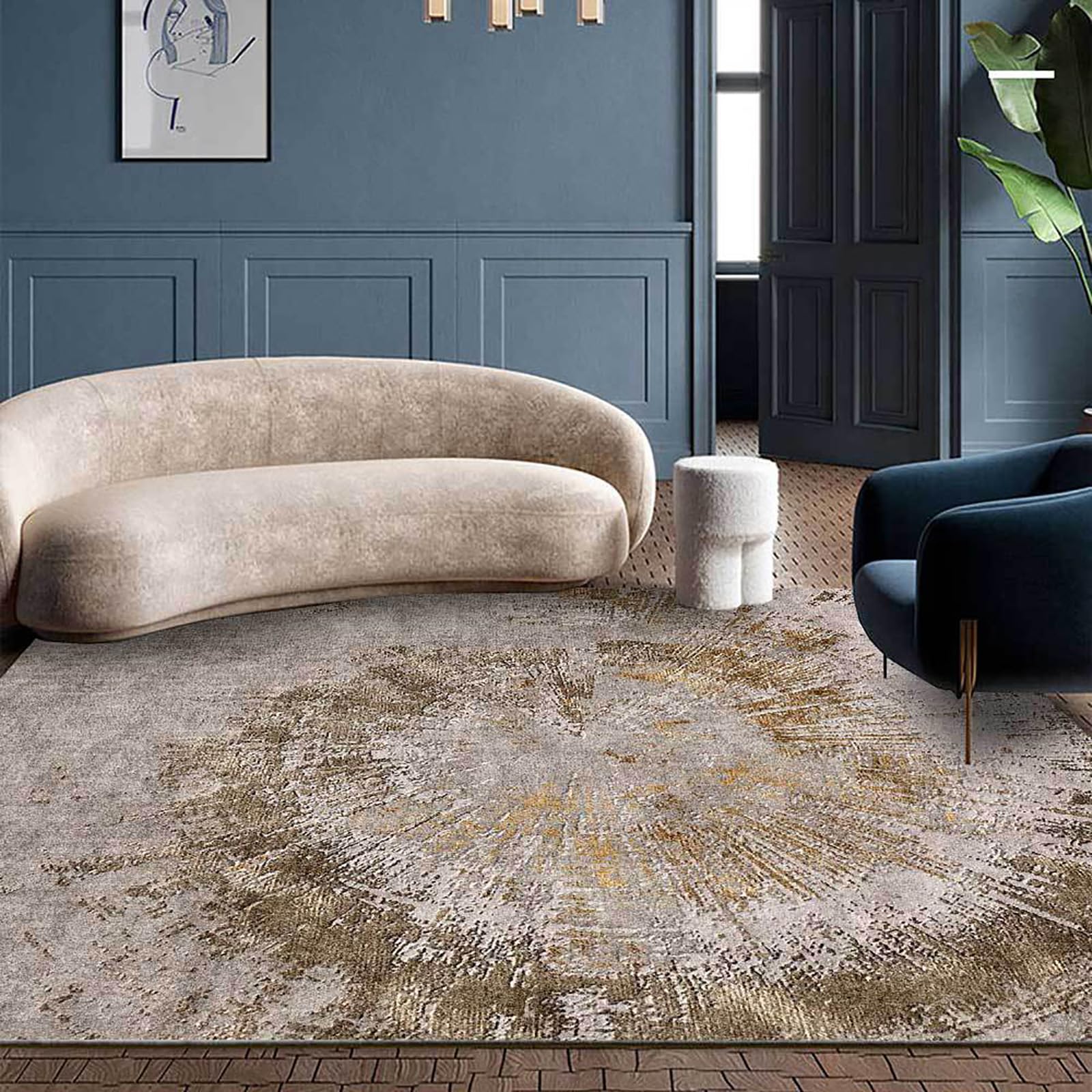 Tapis de salon moderne et abstrait marron 120 x 210 cm avec des finitions haut de gamme lavables