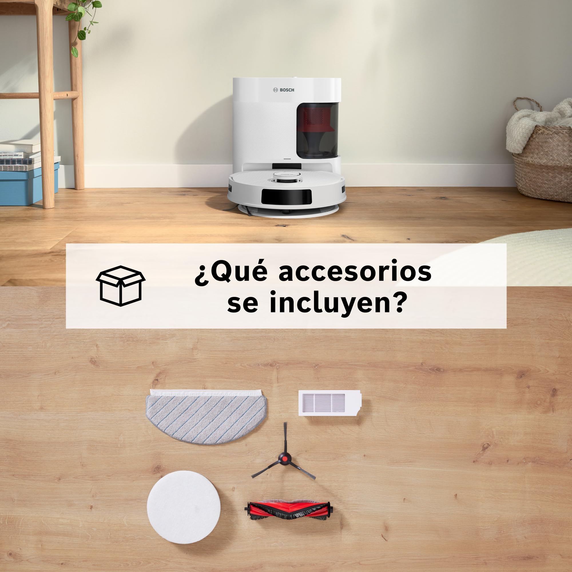 Bosch - Robot Aspirador Spotless +, aspira y friega, Potencia 11.000 Pa², Almohadilla húmeda Fija, estación Seca, Sistema Inteligente de visión por Infrarrojos, Bosch Home Connect App, Blanco, BCRD1W