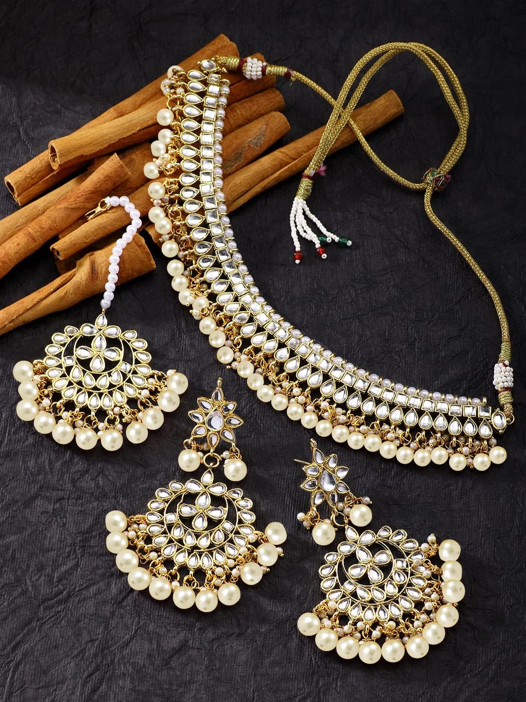 Aheli Faux Kundan Beaded Necklace Earrings Maang Tikka Indian Bollywood Ethnic Jewelry Set Gift for Women