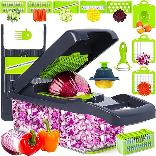 TRADEBLAZE Picador de verduras con recipiente, cortador de verduras multifuncional 15 en 1, apto para lavavajillas con material libre de BPA, disponible en Yaxa Peru