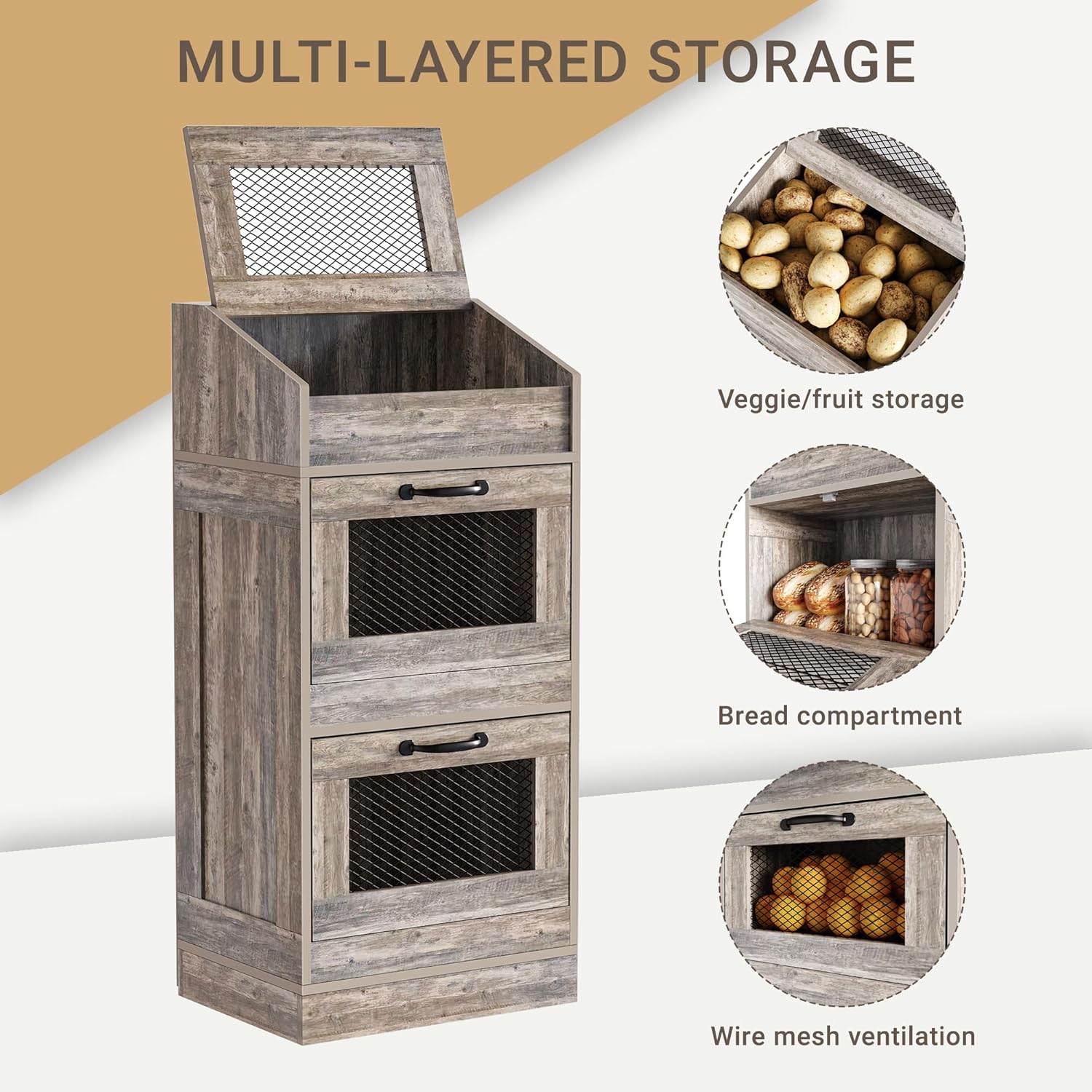 Potato Storage Bin with Lid, Rustic Wooden Onion Storage Bin, Bread Box for Kitchen, Kitchen Decorative Vegetable Storage Cabinet, Rustic Grey HPC001SG