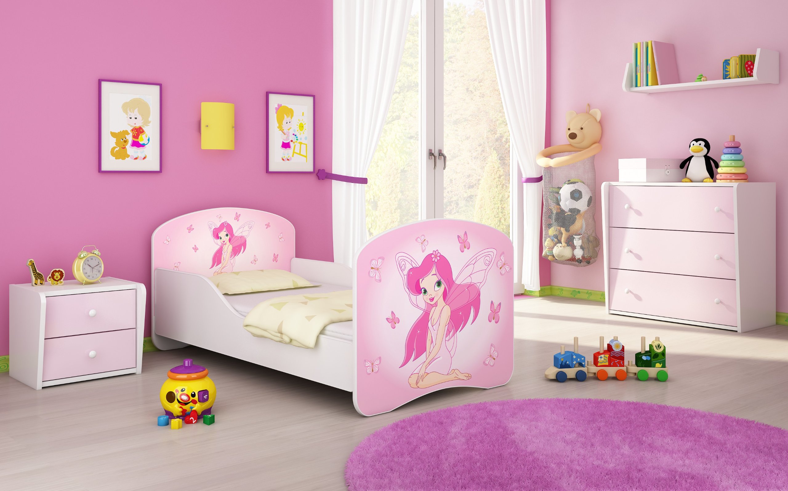 Clamaro Motyw "Traumland" łóżko dziecięce 70 x 140 cm z materacem i stelażem, listwami ochronnymi i ochroną przed wypadnięciem, motyw: 07 - Pink Fairy motyw