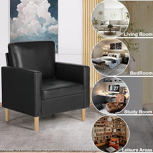 Miniatura 5 de AILEEKISS Sillón moderno de cuero sintético para sala de estar, oficina, sillón con patas de madera maciza para espacios pequeños (1, negro)