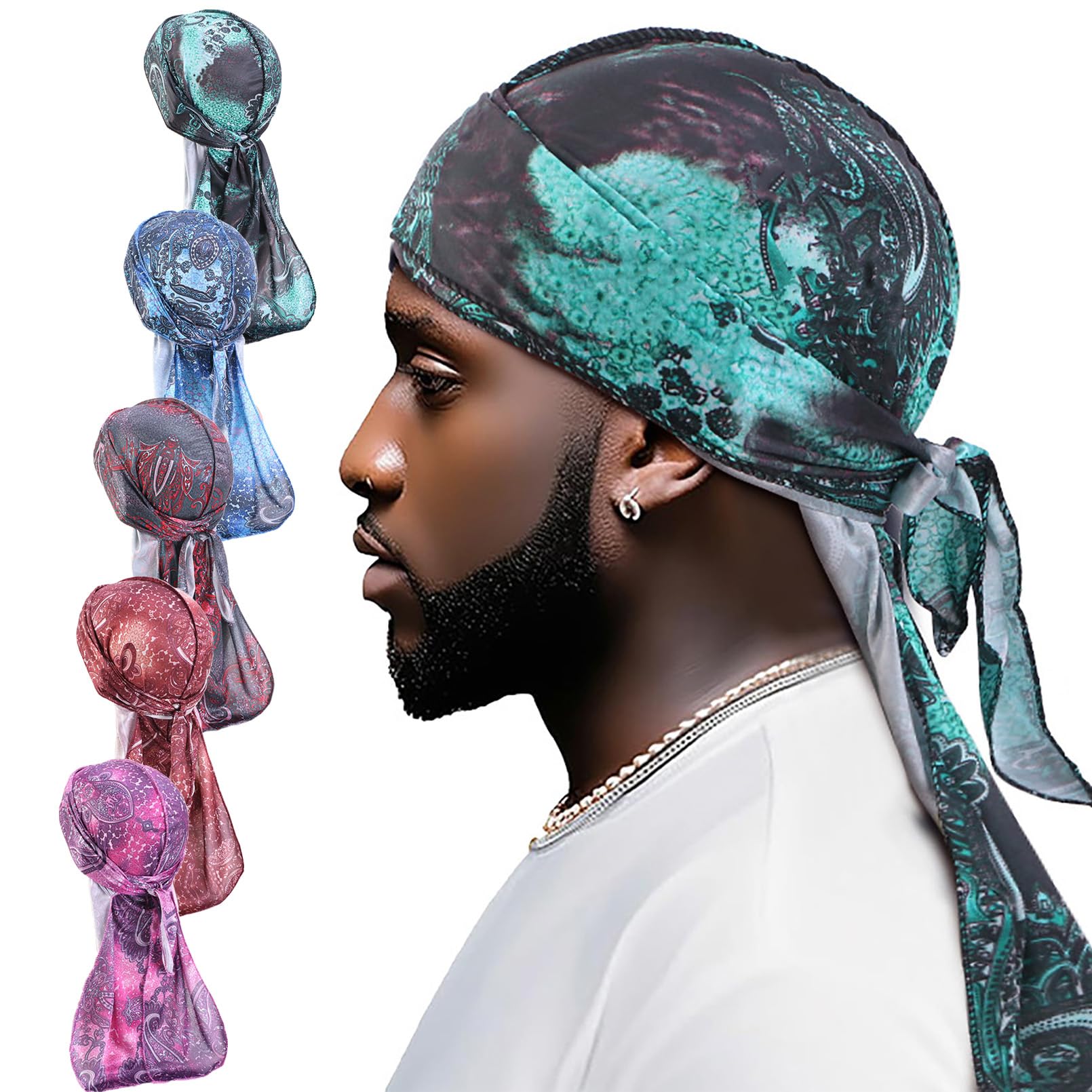 SJTYDX Durag for Men Women Silky Long Tail Turban Hat Hair Scarf Wave Cap Hairwrap Hip Hop Do