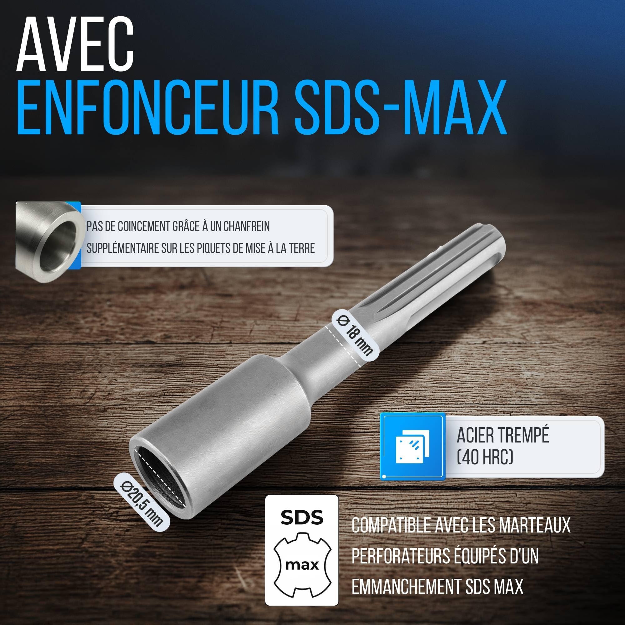 GRAFT kit d'électrodes de terre en V4A | perches 4x 1 m | Ø 20 mm | Avec enfonceur SDS-Max + borne | Syst. PV paratonnerre | Mise à la terre | Mise à la terre individuelle | Piquet