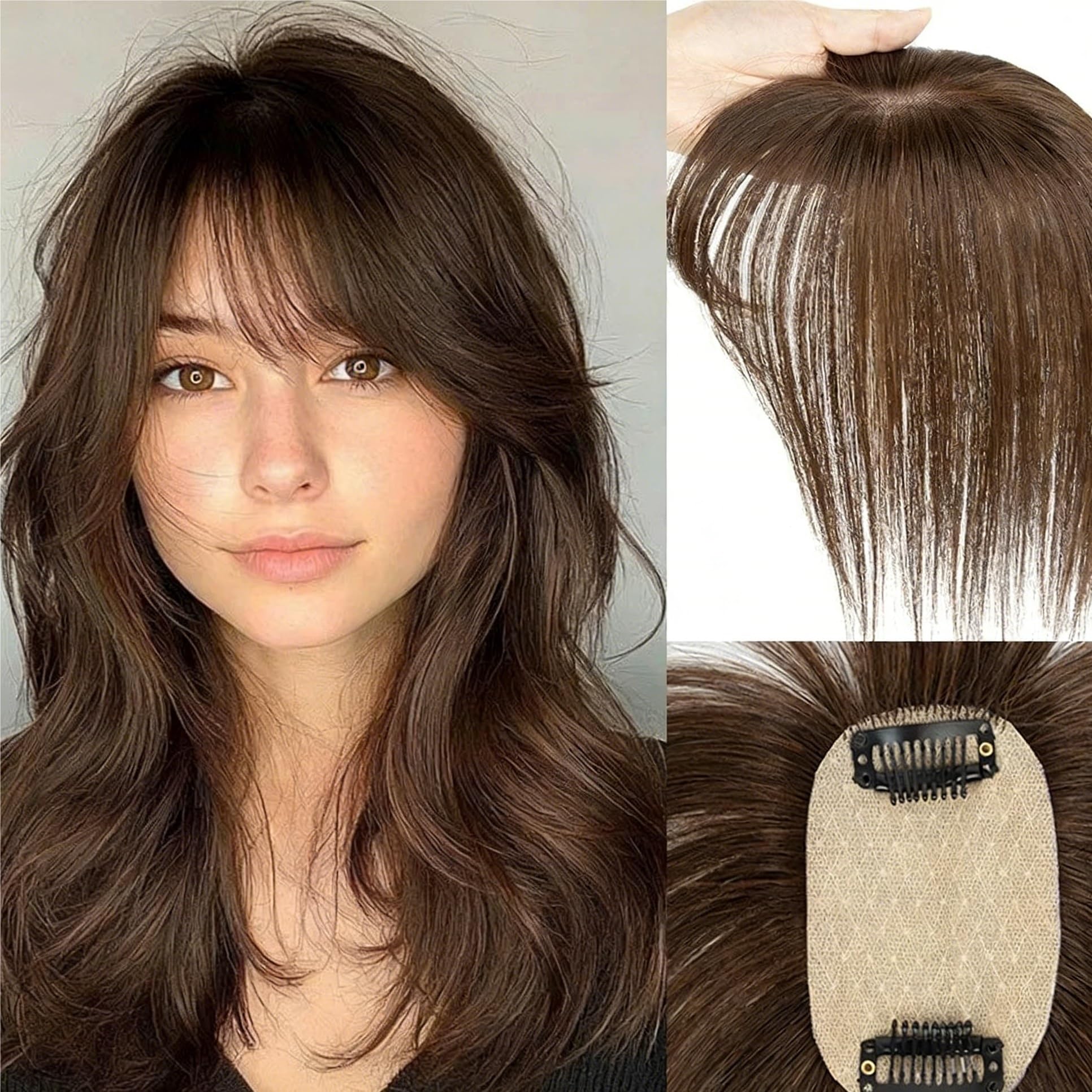 Topper para el pelo de 5 x 9 cm con flequillo, pinza para el pelo marrón y con puntos destacados para mujer (10 inches 25 cm, Light Blonde)