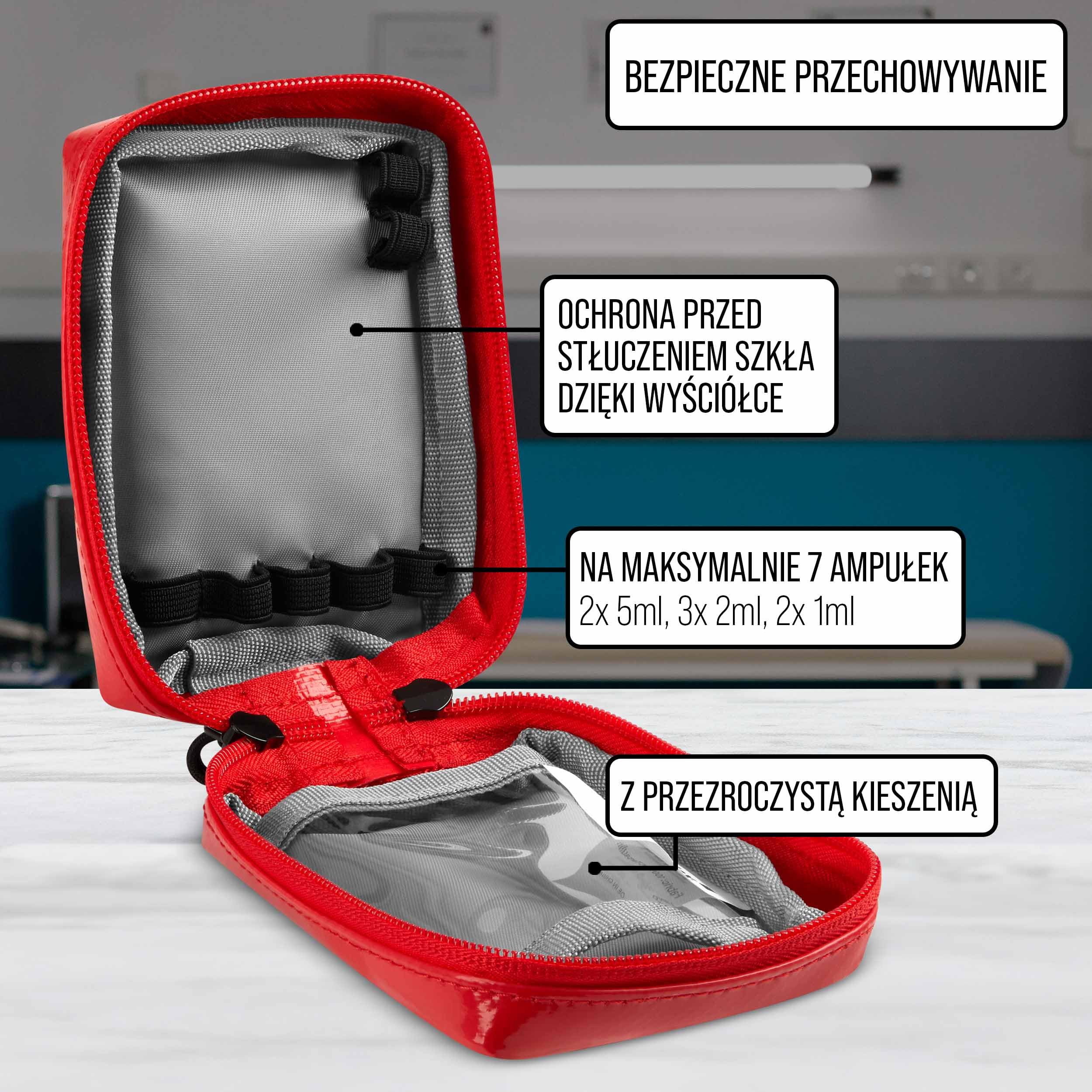 Pulox Etui na ampułki medyczne w kolorze czerwonym (puste) - Małe torba na ampułki i fiolki z lekami - Do 7 ampułek (12 x 8 x 4 cm)