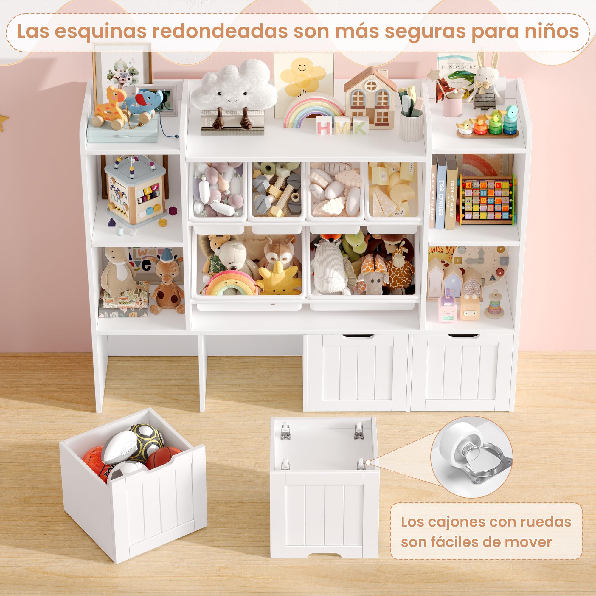 FOREHILL Mueble Organizador Juguetes, Mueble Almacenaje Juguetes, Estanteria Montessori, Organizador de Juguetes Infantil, Estanteria Infantil, 4 Cajones con Ruedas, 6 Cajas, Blanco, 140x30x106cm