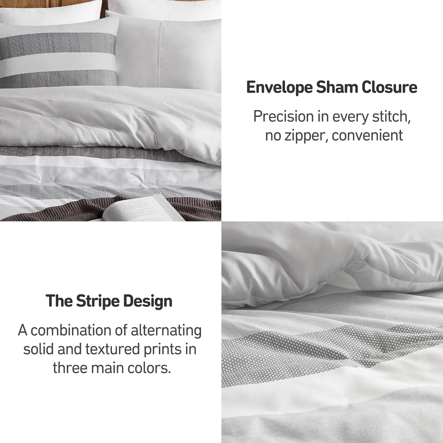 King Comforter Set, 3 Pieces Striped Bed Set, Soft Brushed Microfiber Reversible Bedding Set for All Season, Lightweight & Breathable Bedding Set with Comforter & Shams, Black/Grey - Image 6